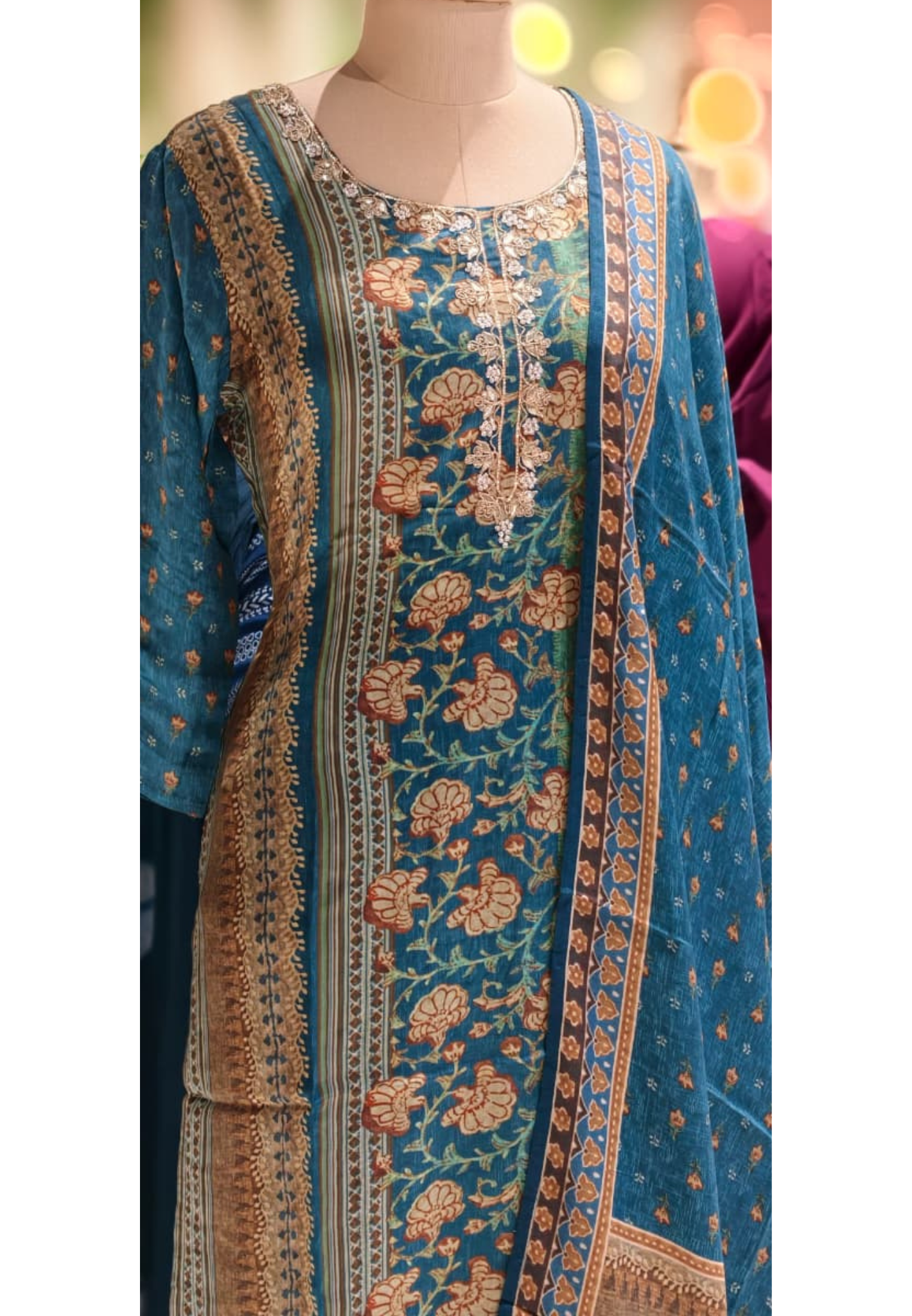 Royal Teal Olive Ajrakh Print Full Suit Set With Dupatta In Gajji Silk Fabric- 13289