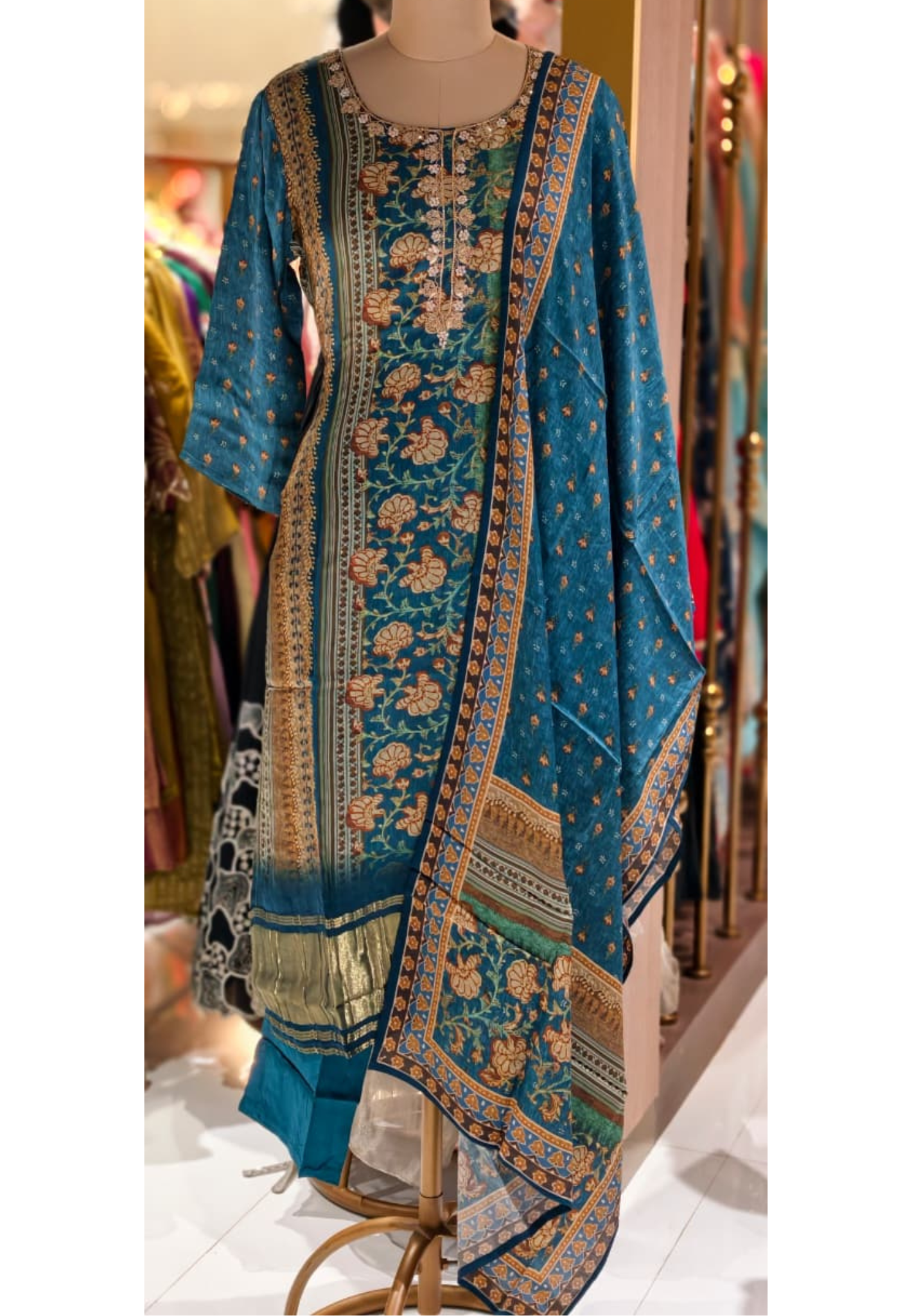 Royal Teal Olive Ajrakh Print Full Suit Set With Dupatta In Gajji Silk Fabric- 13289