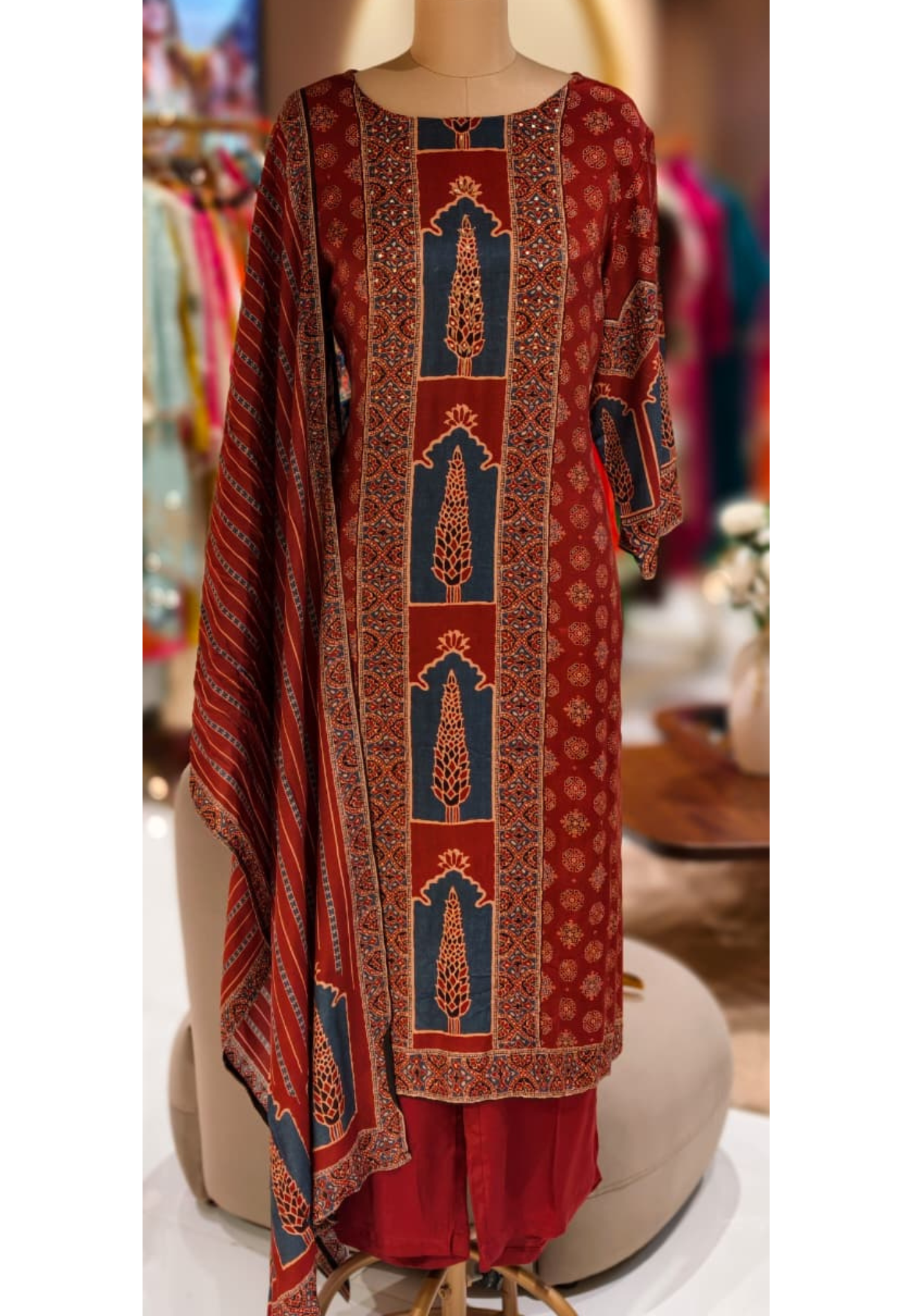 Royal Classic Indian Printed Ethnic Full Suit Set With Dupatta In Muslin Fabric- 13291