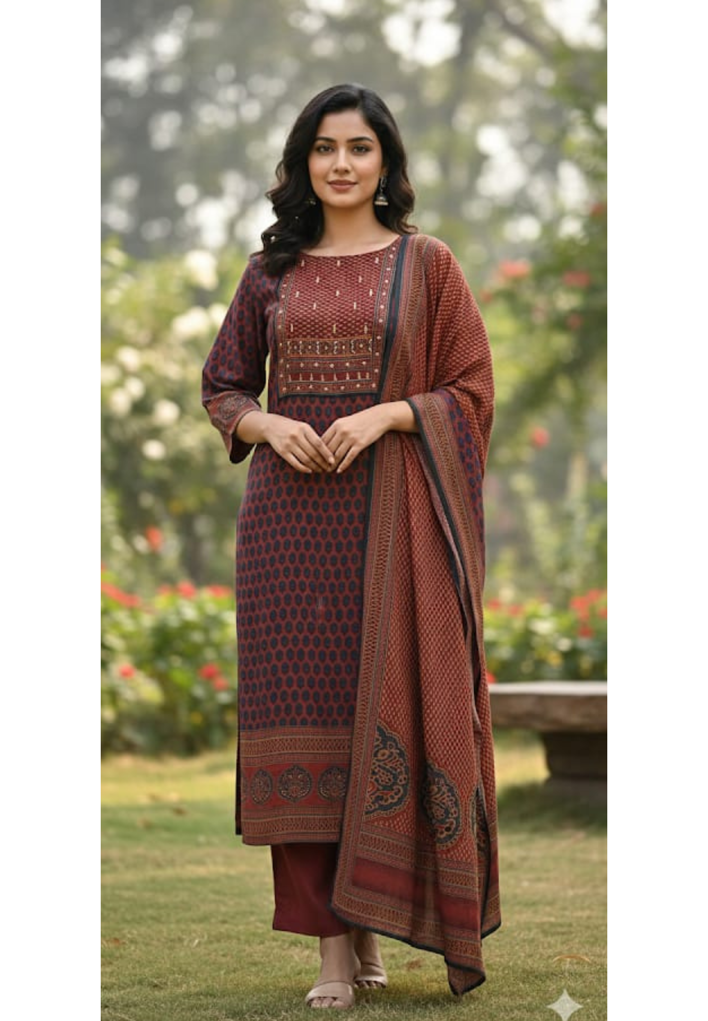Heritage Bloom Printed Minimal Yoke Muslin Full Suit Set With Dupatta- 13292