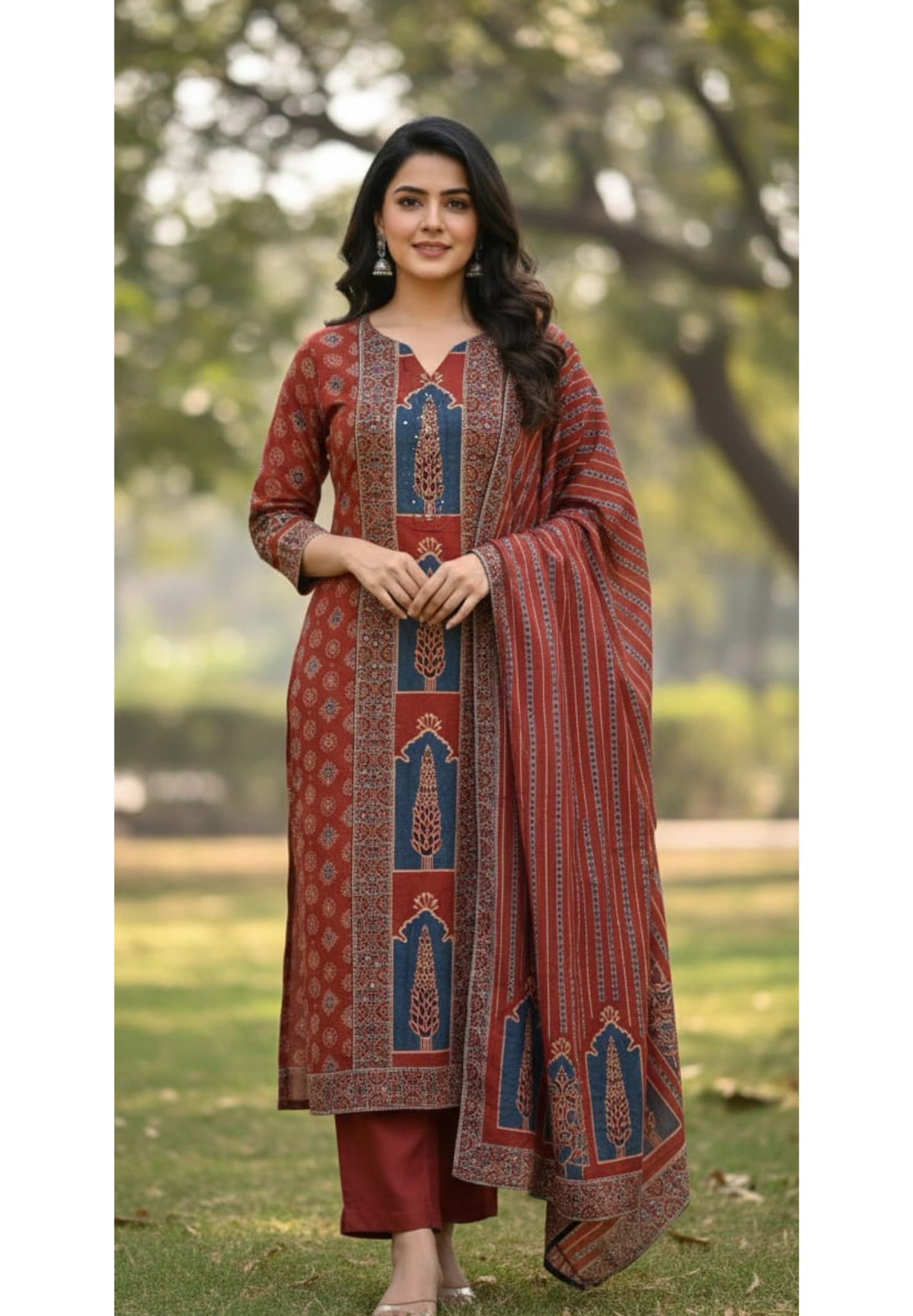 Royal Classic Indian Printed Ethnic Full Suit Set With Dupatta In Muslin Fabric- 13291