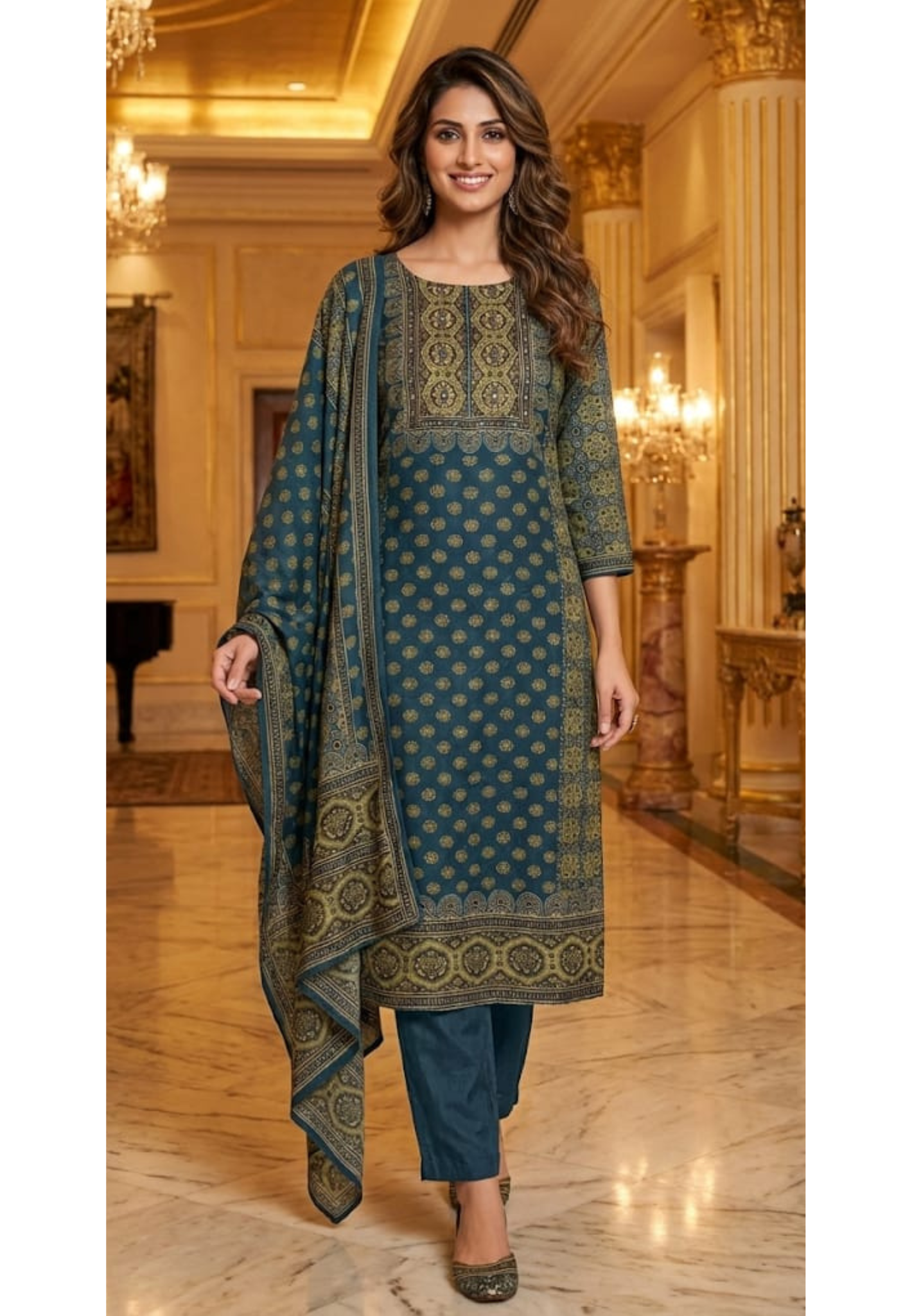 Classic Teal Ethnic Ajrakh Print Full Suit Set With Dupatta In Muslin Fabric- 13290