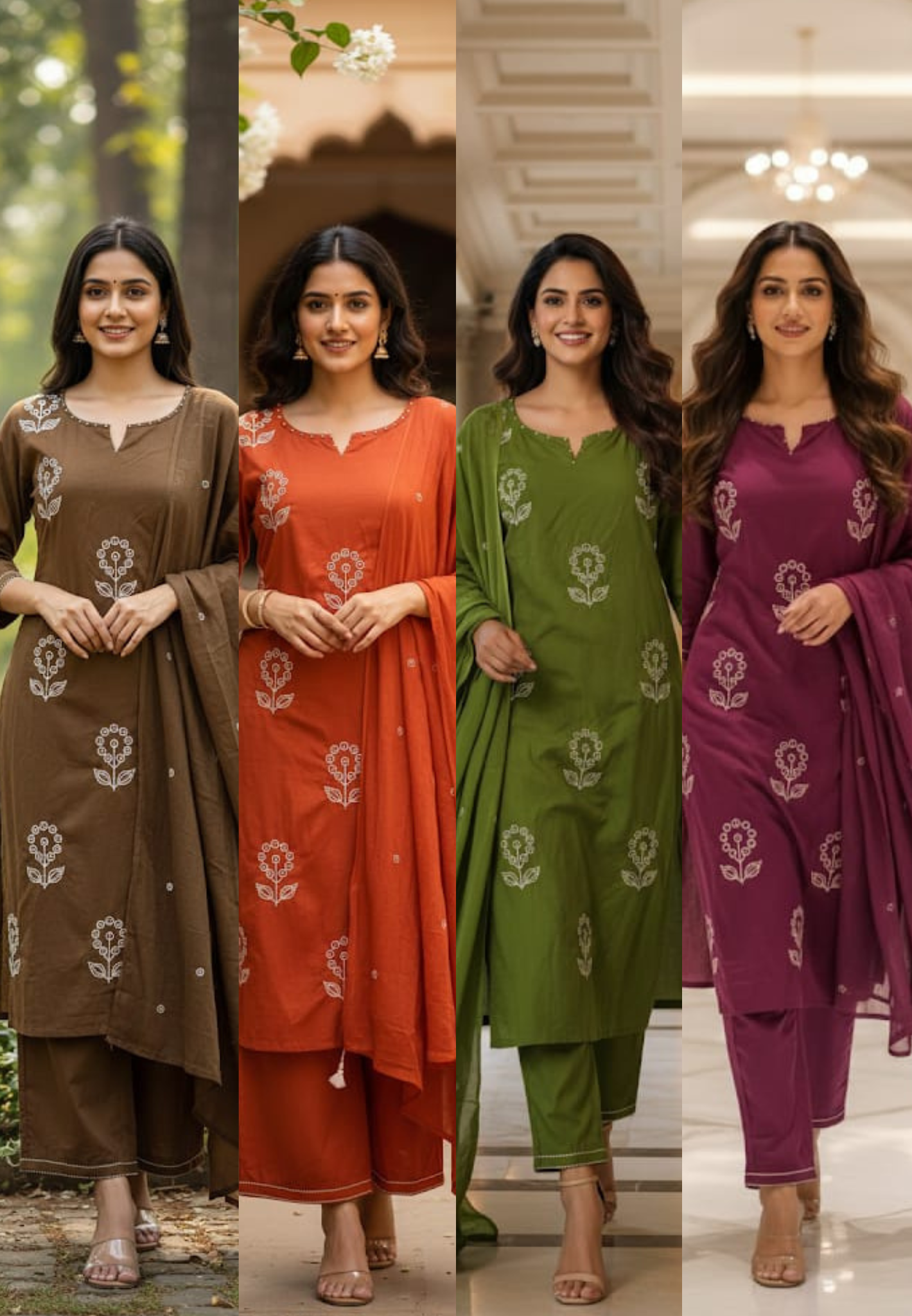 Round Floraled Pure Embroidery Solid Full Suit Set With Dupatta In Cotton Fabric-13321