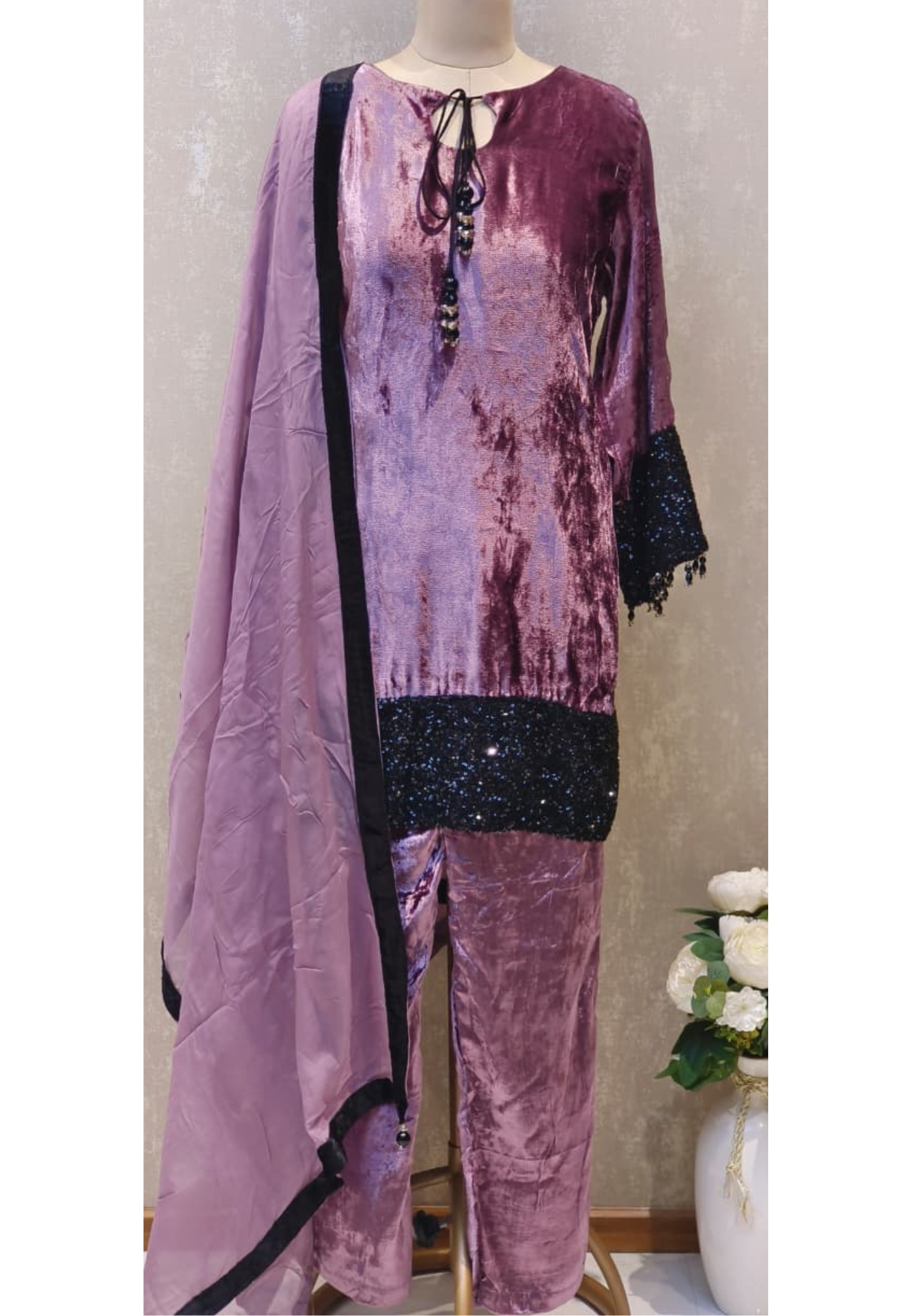 Designer Heavy Velvet Kurta with Sequin Work Sleeves, Embellished Hem and Straight Pants and Dupatta DRYWASH