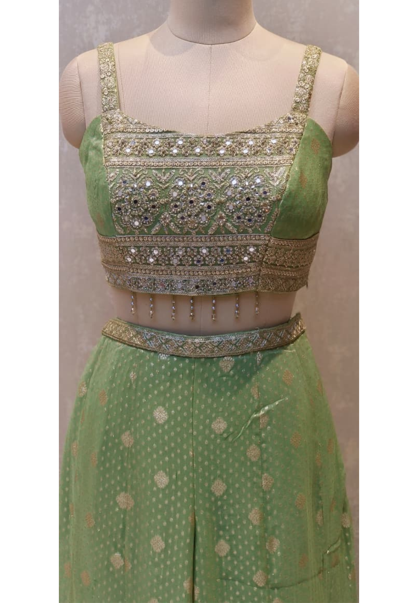 Banarasi Silk Premium Jacket Suit Set with Heritage Weave Detail, Embellished Crop Top & Wide Flared Bottoms