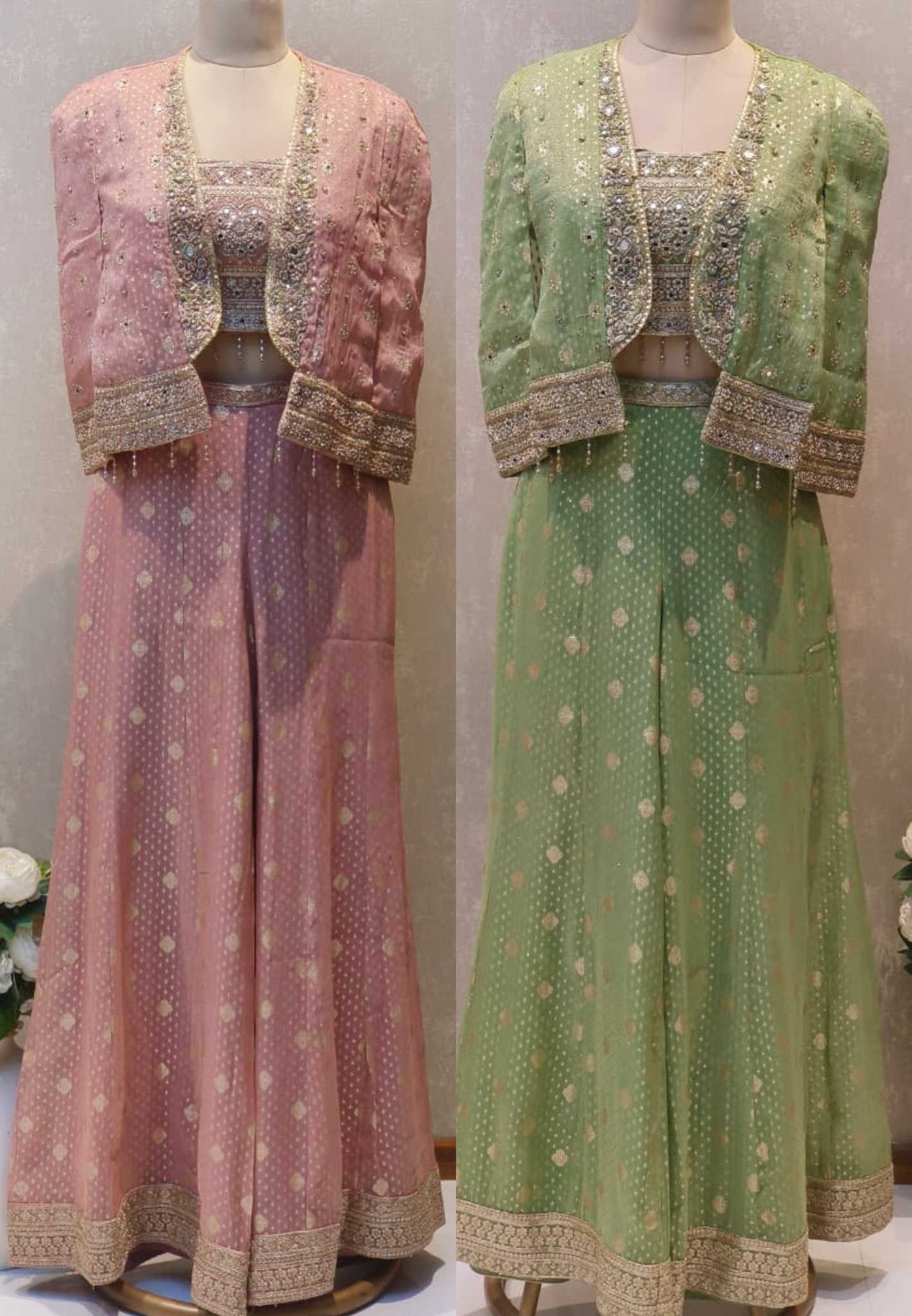 Banarasi Silk Premium Jacket Suit Set with Heritage Weave Detail, Embellished Crop Top & Wide Flared Bottoms