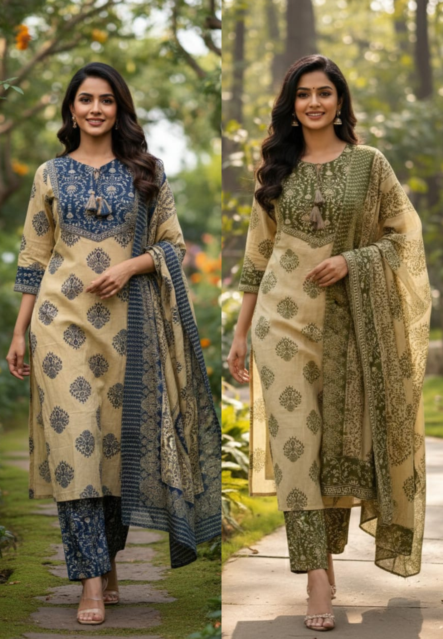 Earthy Bloom Printed Ethnic Full Suit Set With Dupatta In Cotton Fabric- 13316