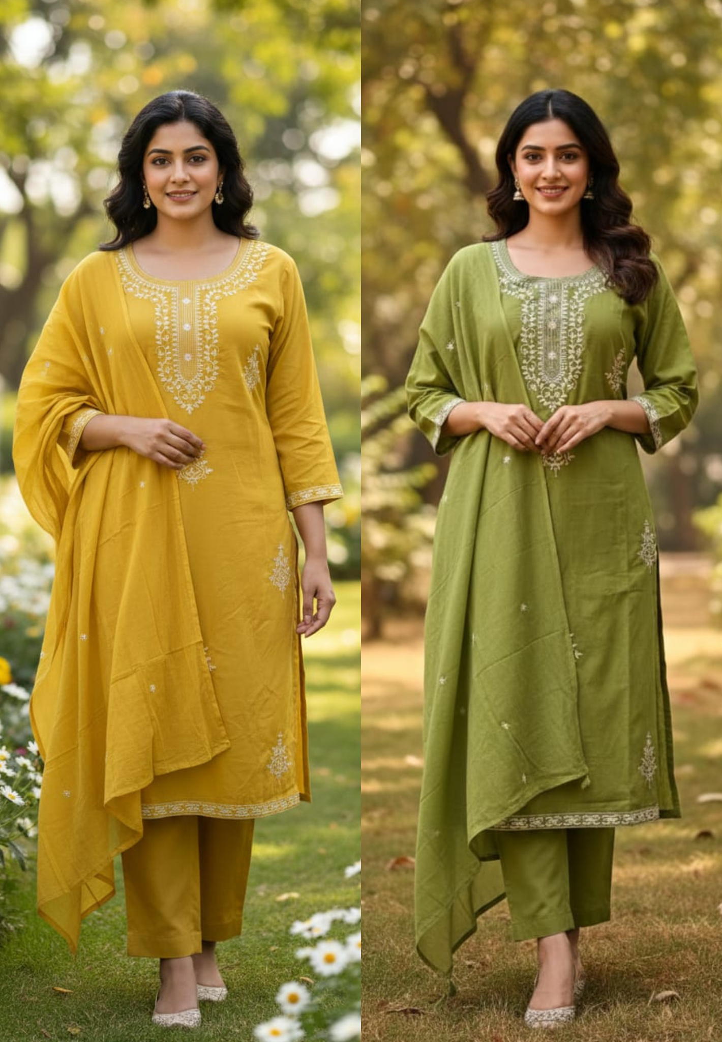 Rich Thread Embroidery Solid Cotton Straight Full Suit Set With Dupatta & Matching Bottom- 13320