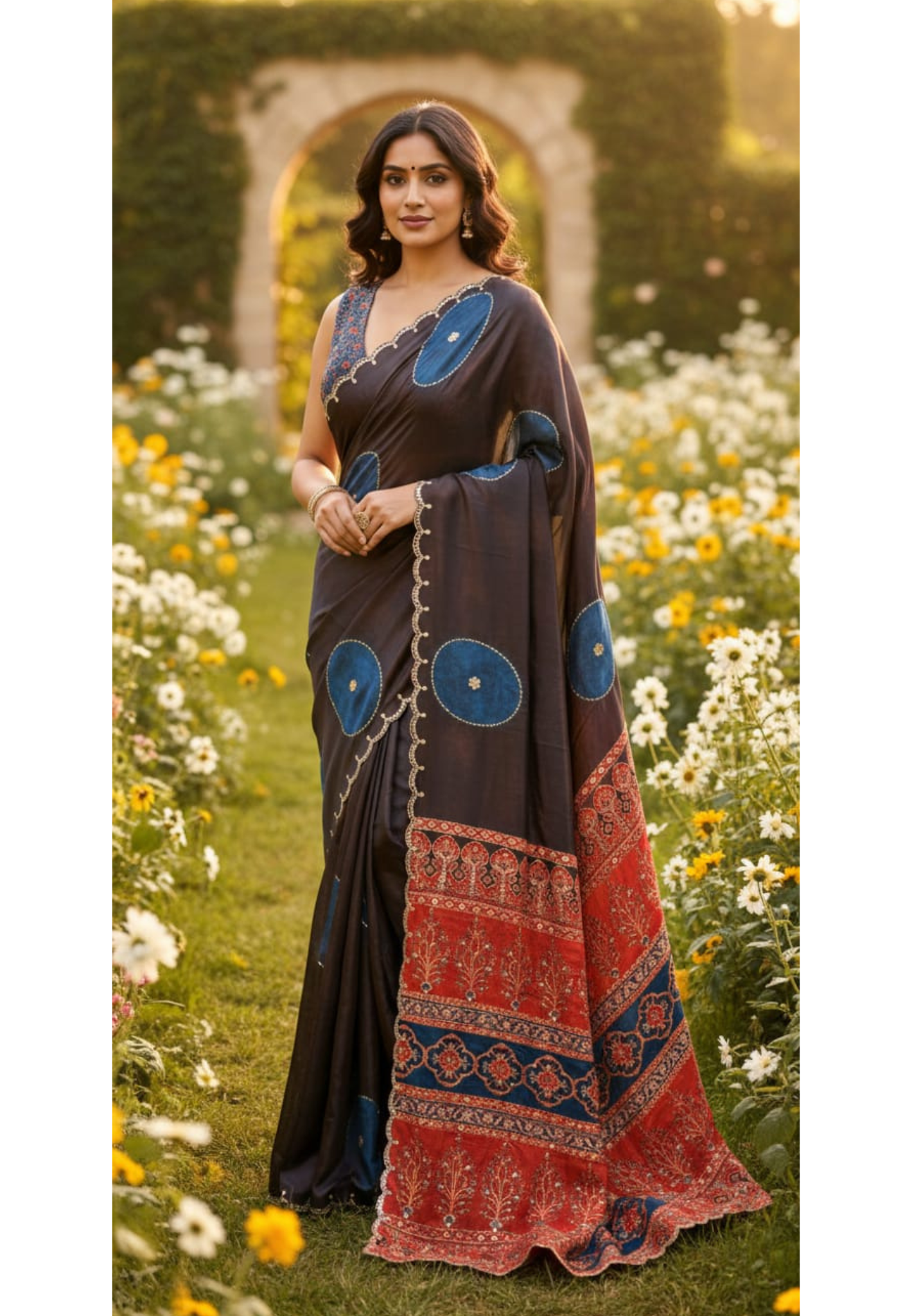 Round Sequin Highlighted Border Designer Saree With Unstitched Blouse- 13337