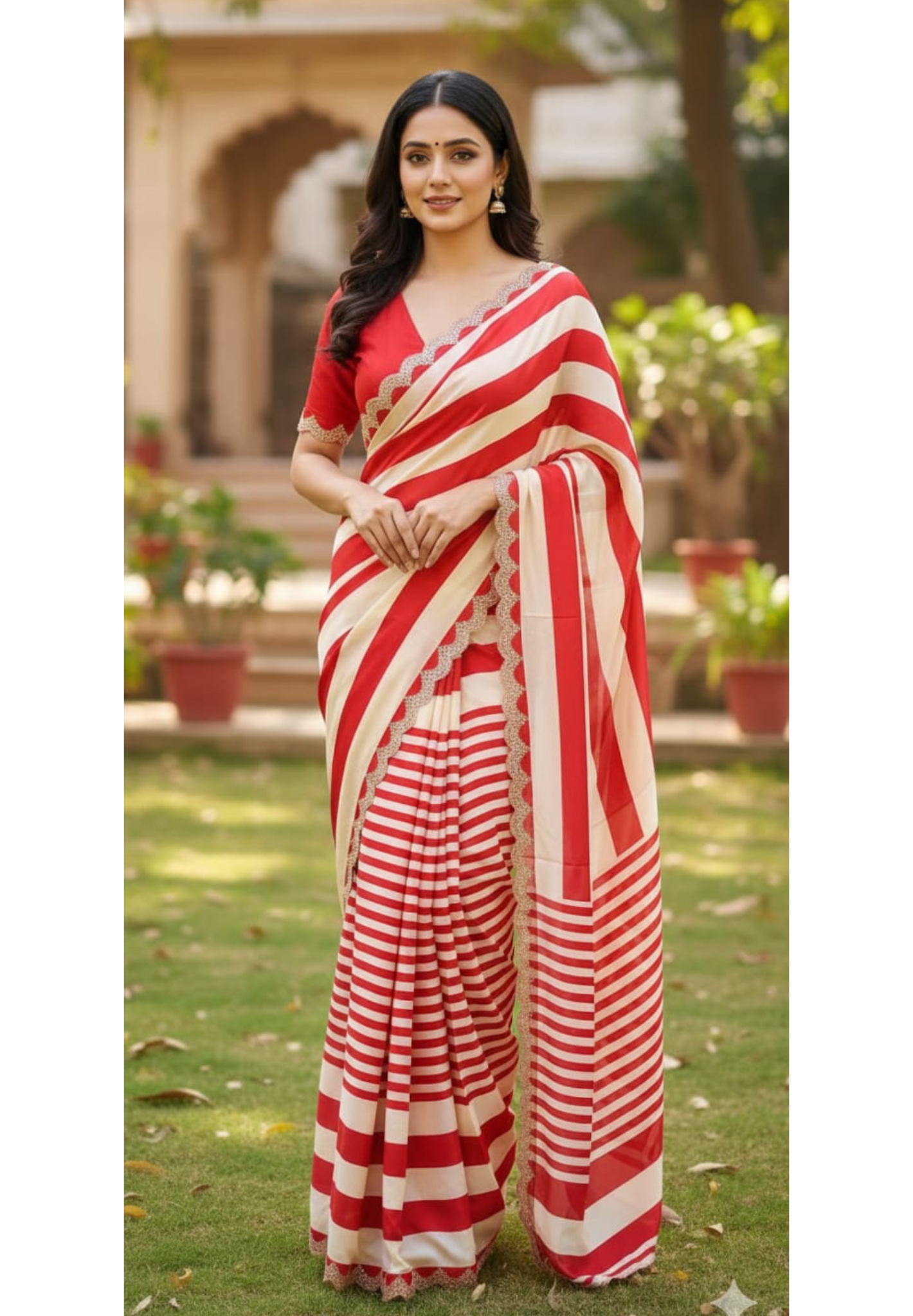 Ruby Stripe Elegance Scarlet Striped Designer Saree With Unstitched Blouse- 13344