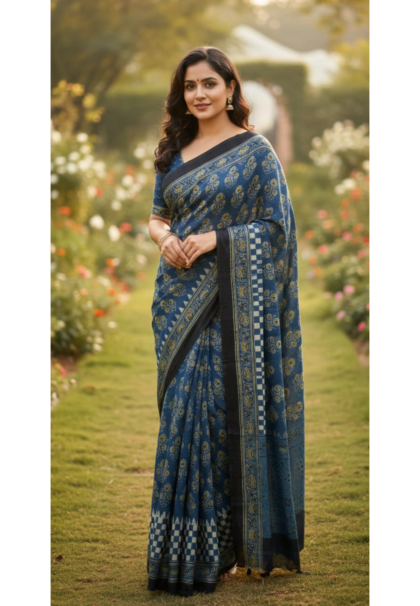 Handblock Traditional Printed Blue Elegance Saree With Unstitched Blouse- 13331