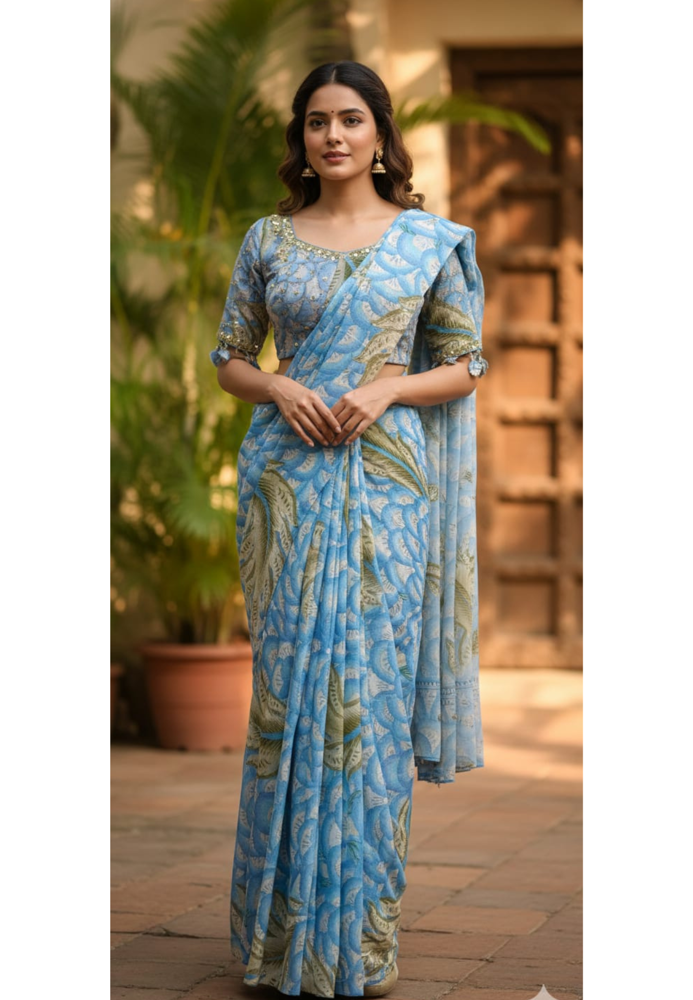 Aqua Vine Printed Designer Saree With Sequin & Cut-Dana Upwork & Stitched Blouse- 13341