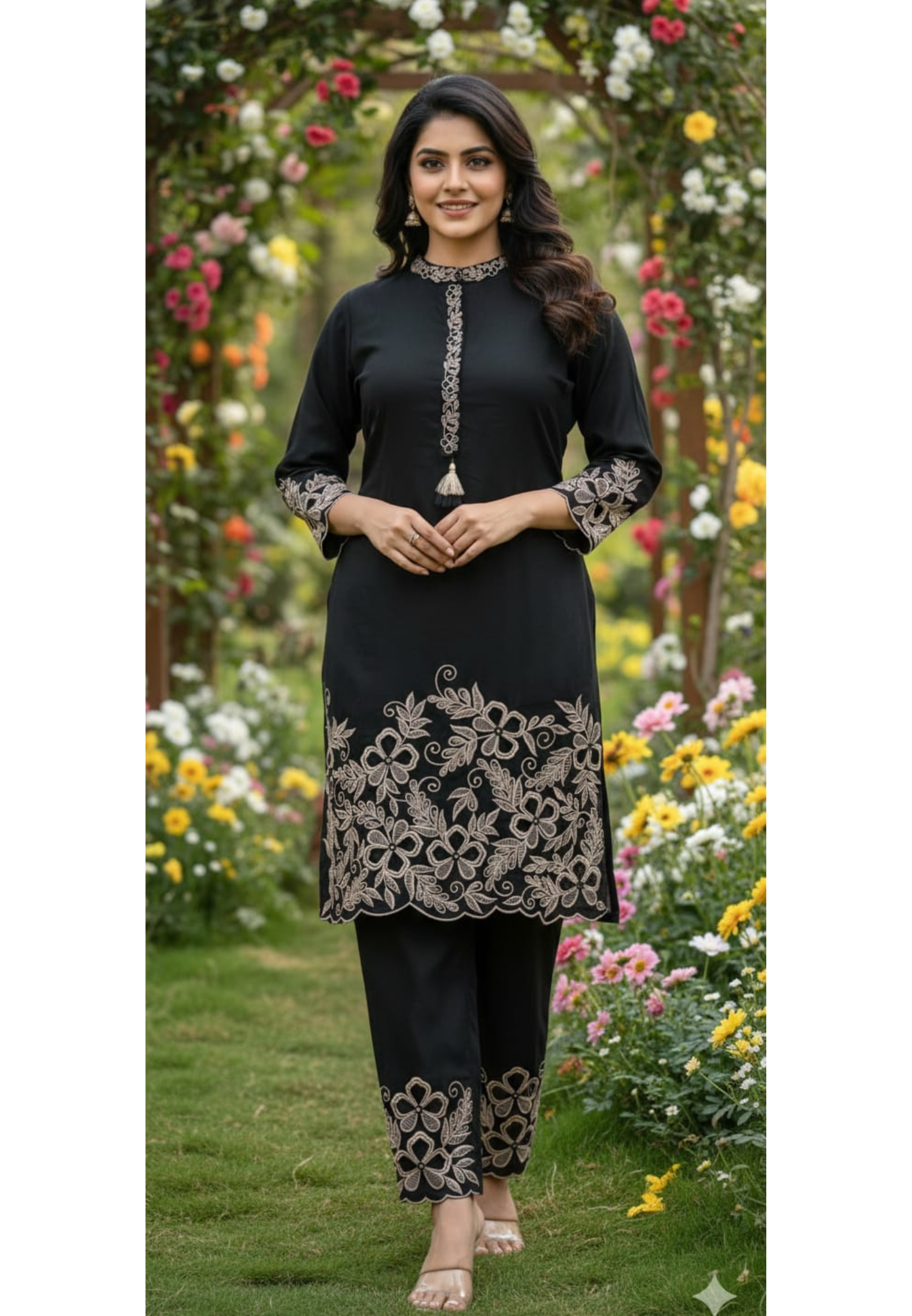 Pure Embroidery Work Solid Black Slub Cotton Co-Ord Set- 13278
