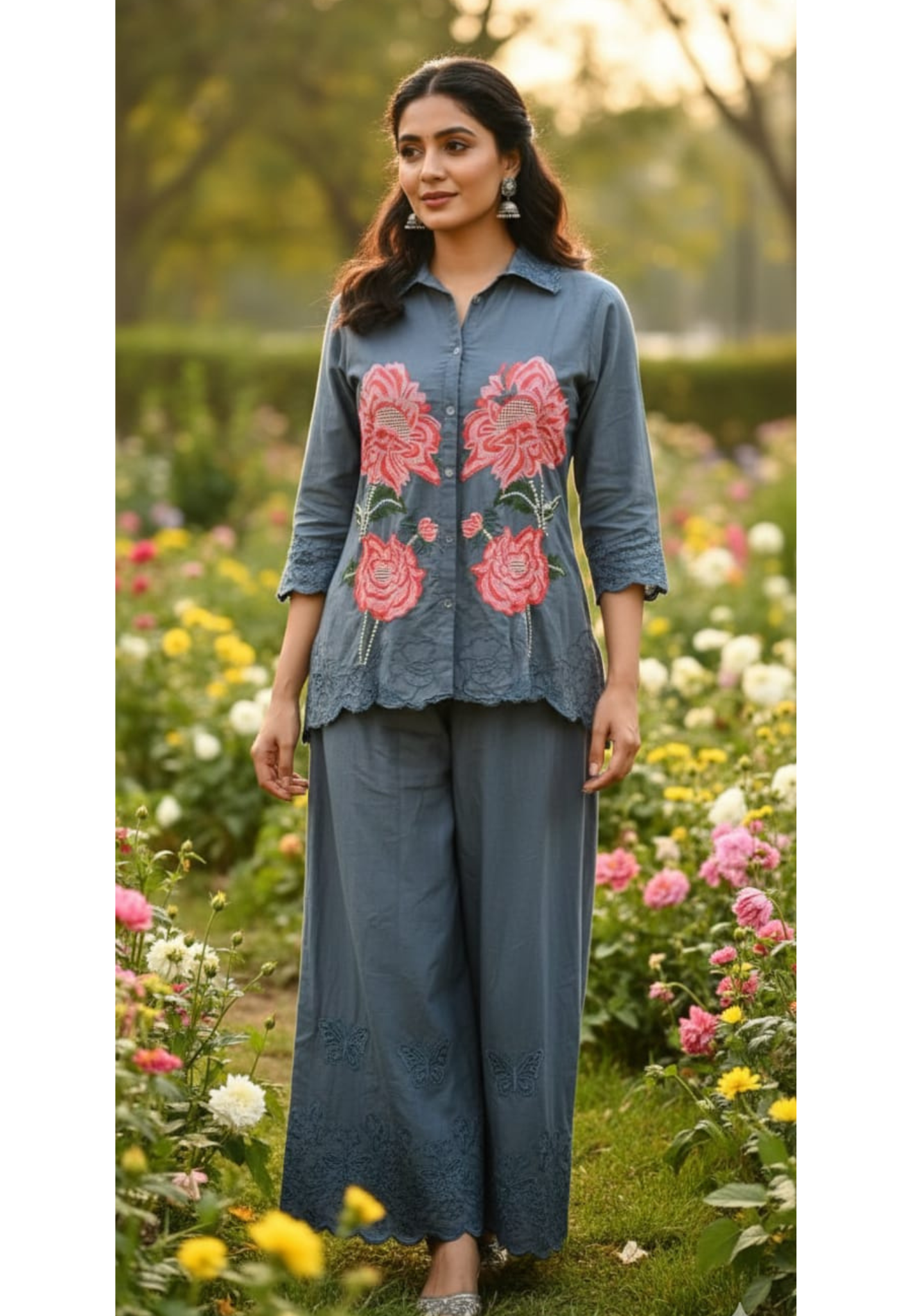 Floral Patched Colorful Embroidery Solid Co-Ord Set In Slub Cotton Fabric- 13102