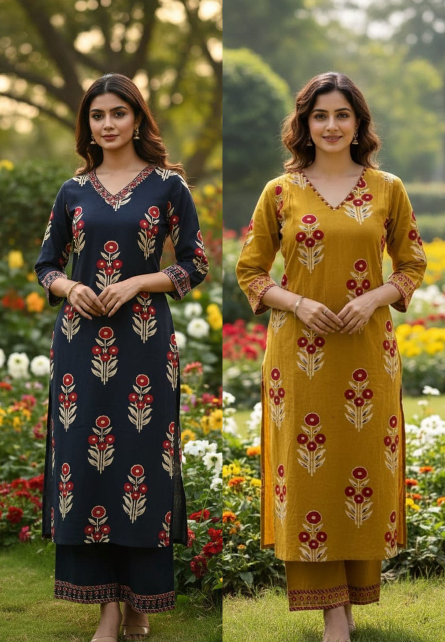 Huge Floral Print Minimal Neck Line Cotton Kurta Pant Set- 13297