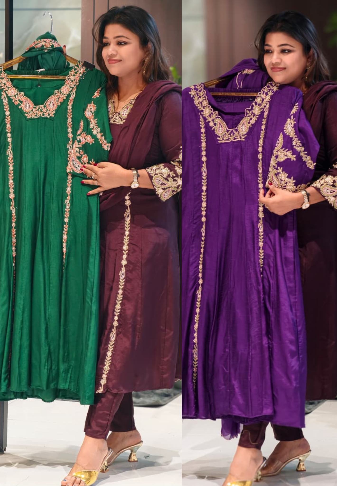 Regal Zardosi Vibrant A-Line Dola Silk Panel Anarkali Full Suit Set With Dupatta- 13308