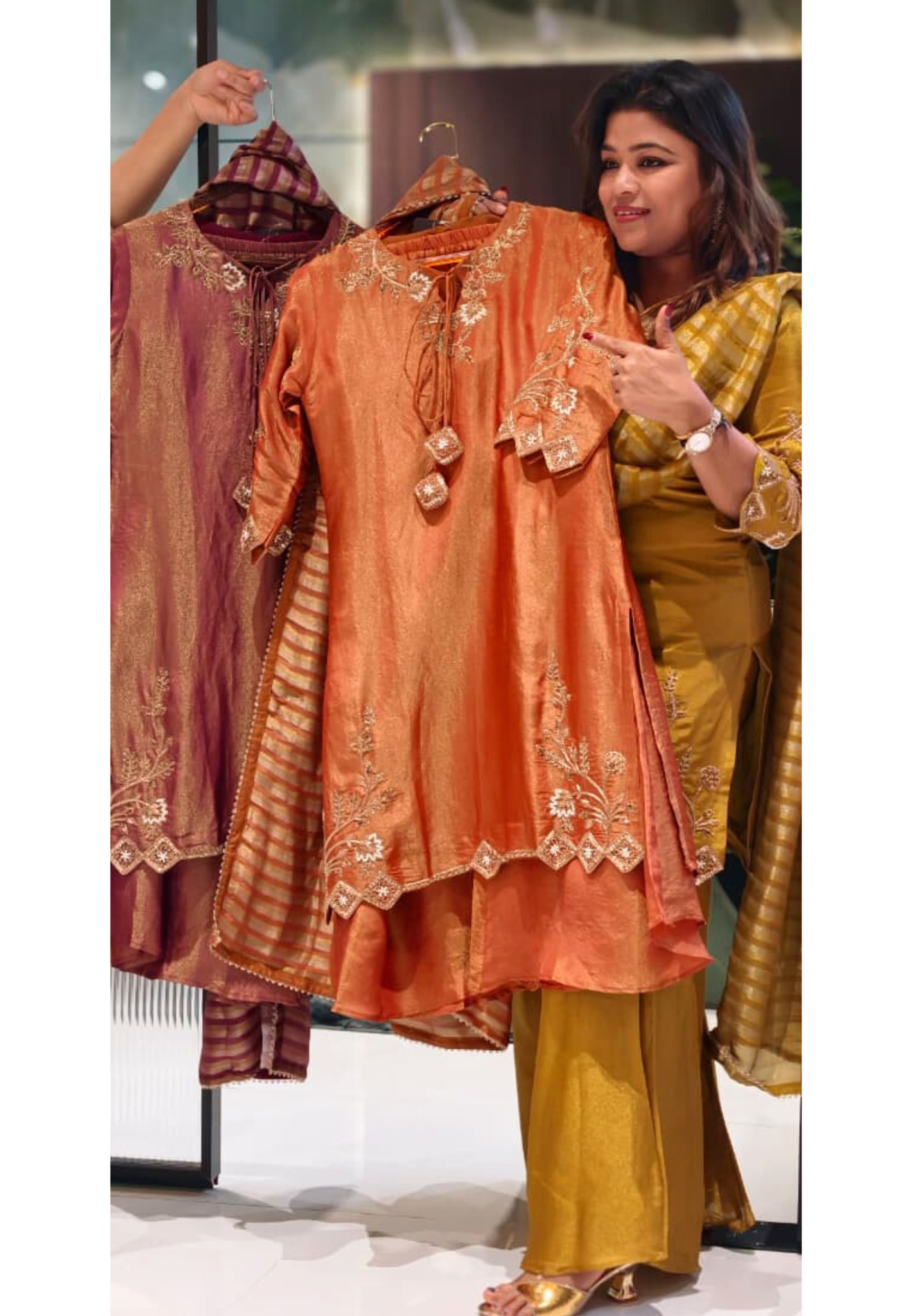 Noor Zari Embroidered Full Suit Set With Palazzo Bottom & Striped Dupatta In Tissue Fabric- 13301