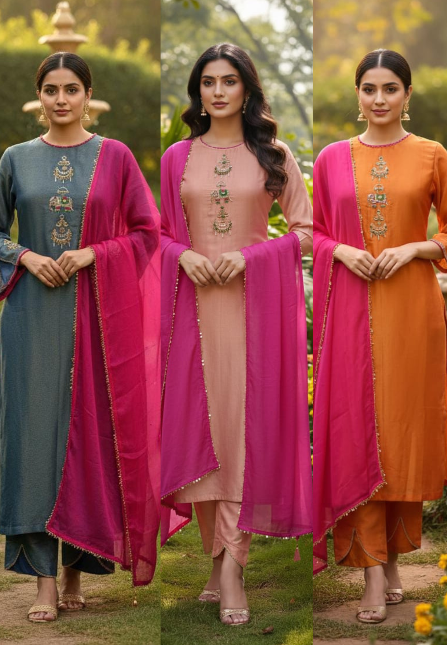 Minimal Kundan Figure Work Front Designed Solid Tissue Full Suit Set With Dupatta- 13377