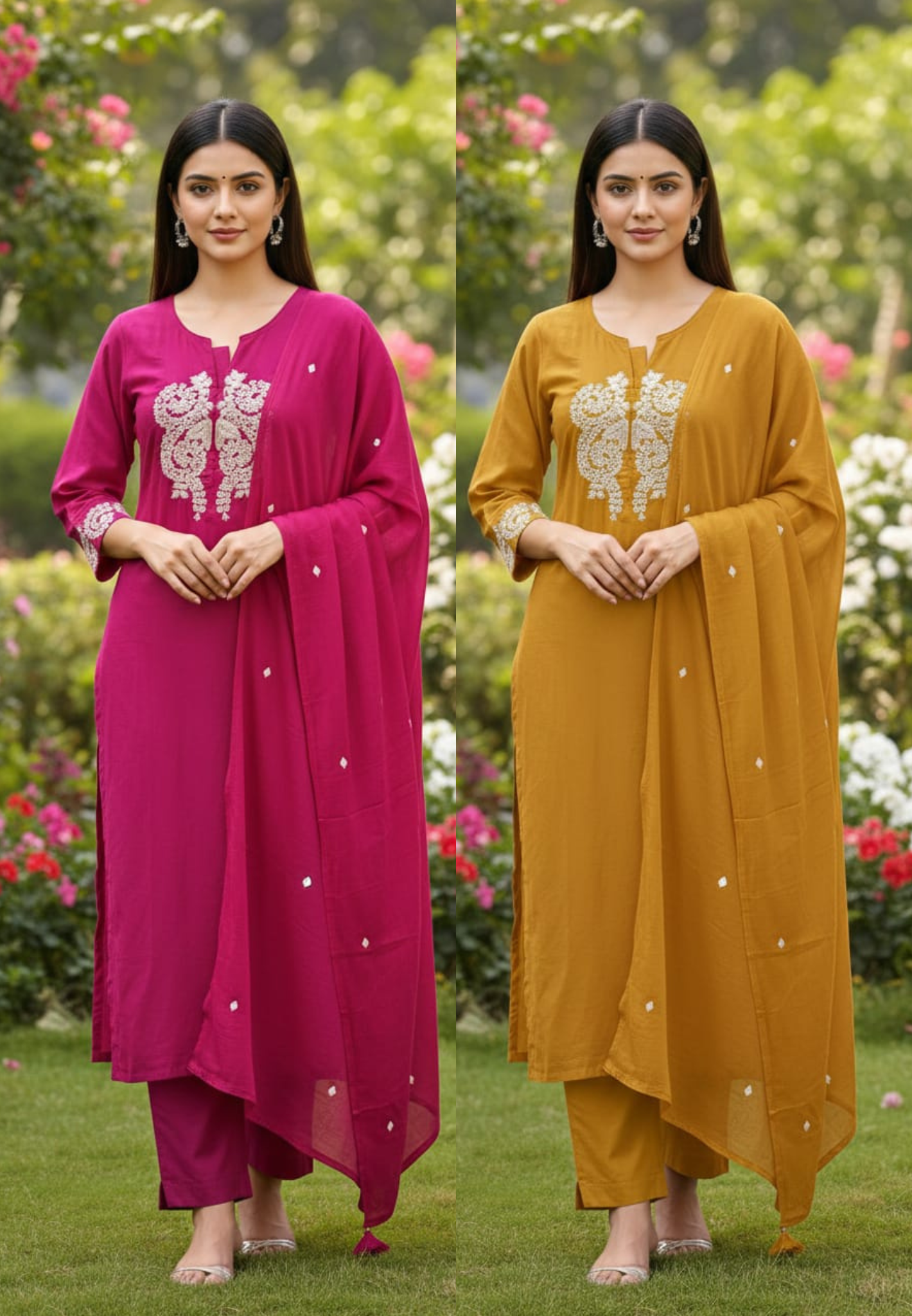 Minimal Work Yoke Solid Full Suit Set With Dupatta In Cotton Fabric- 13317