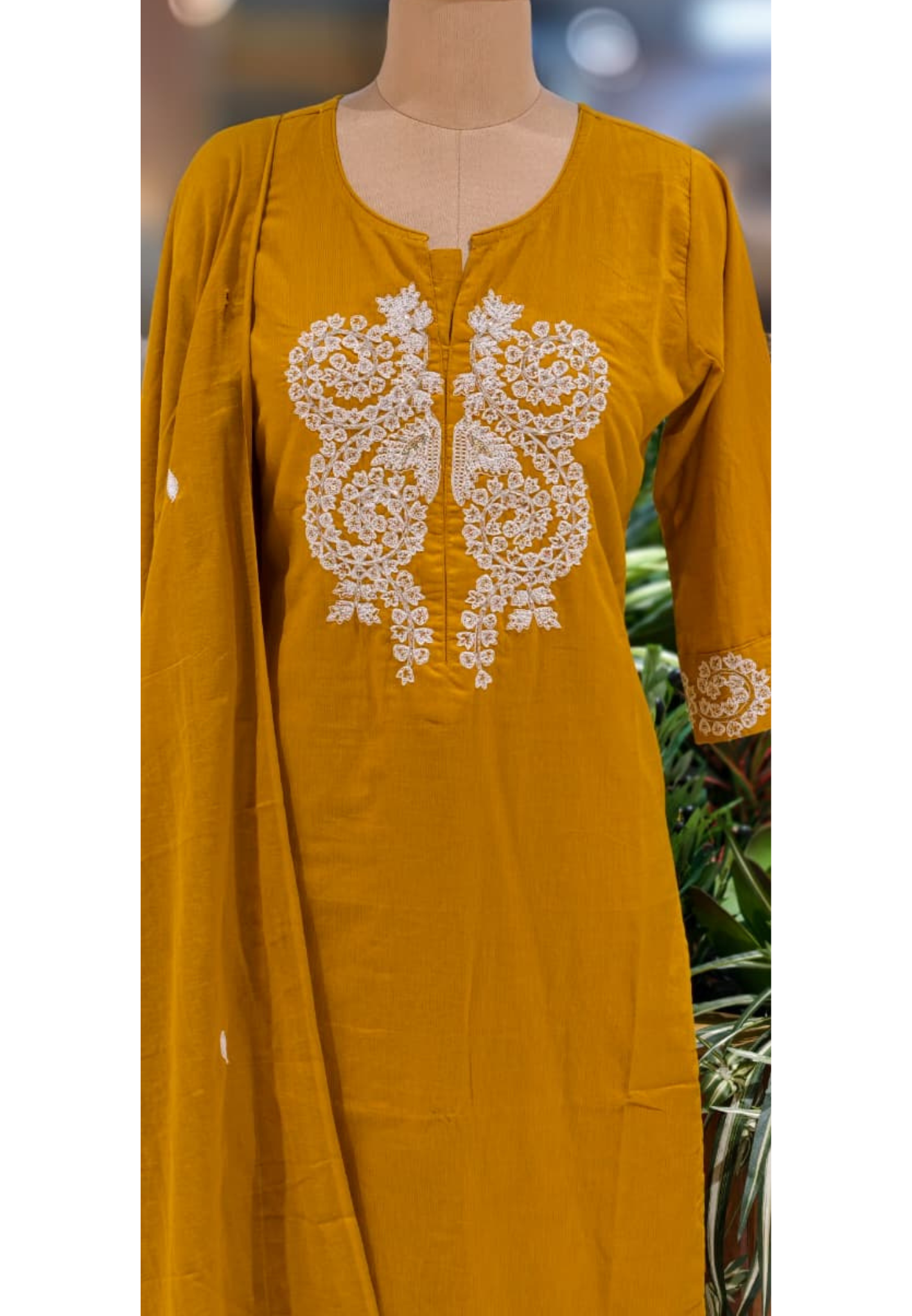 Minimal Work Yoke Solid Full Suit Set With Dupatta In Cotton Fabric- 13317