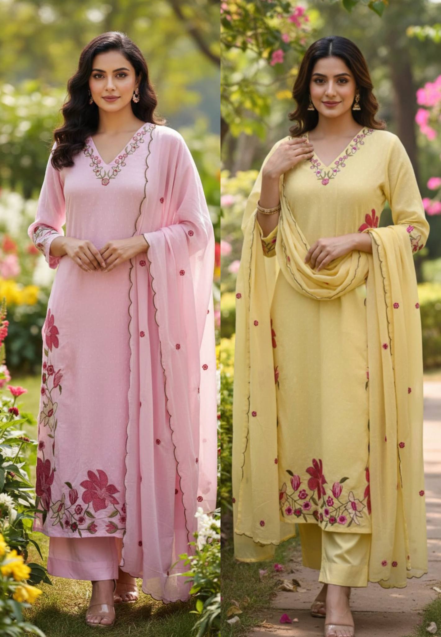 Soft Tone Cute Floral Embroidery A-Line Full Suit Set With Dupatta In Mul Cotton Fabric- 13330