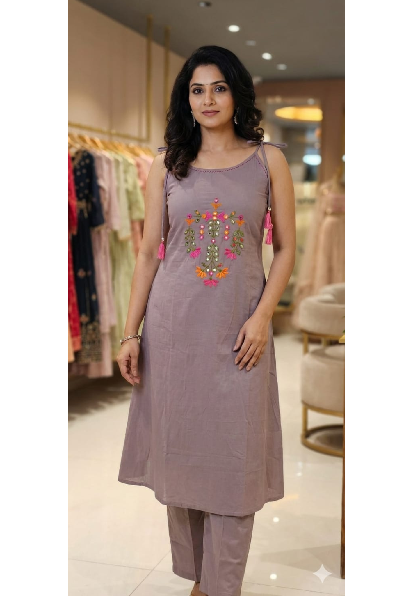 Real Mirror Thread Embroidered Upwork Handloom Sleeveless Solid Cotton Kurta Pant Set-13313