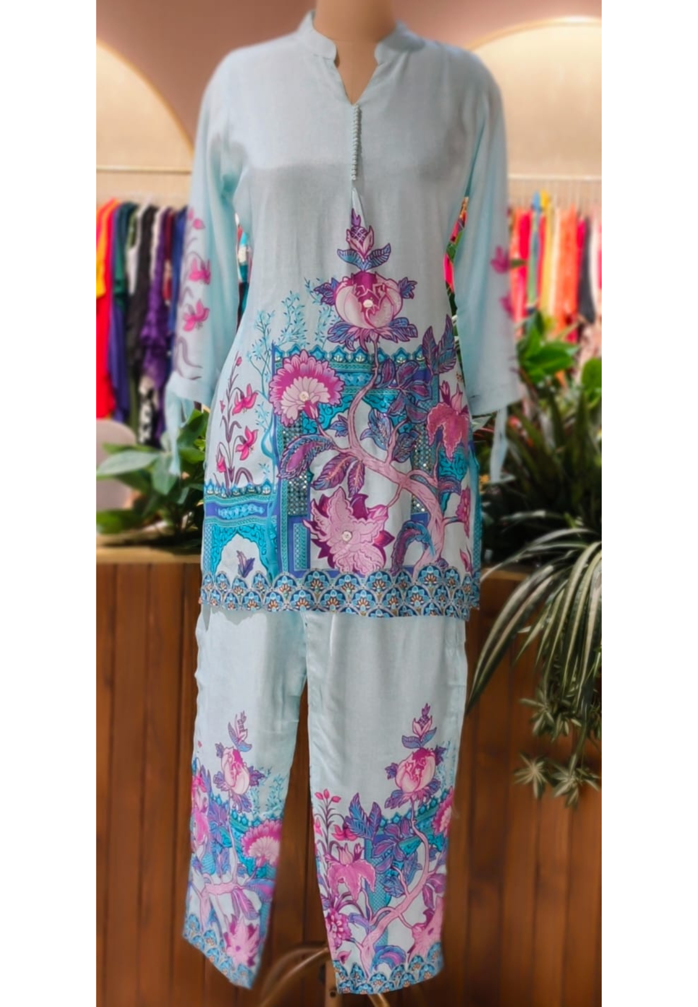 Pastel Shade Suttle Co-Ord With Vibrant Floral Print In Muslin Fabric(Lining Inside)- 13444
