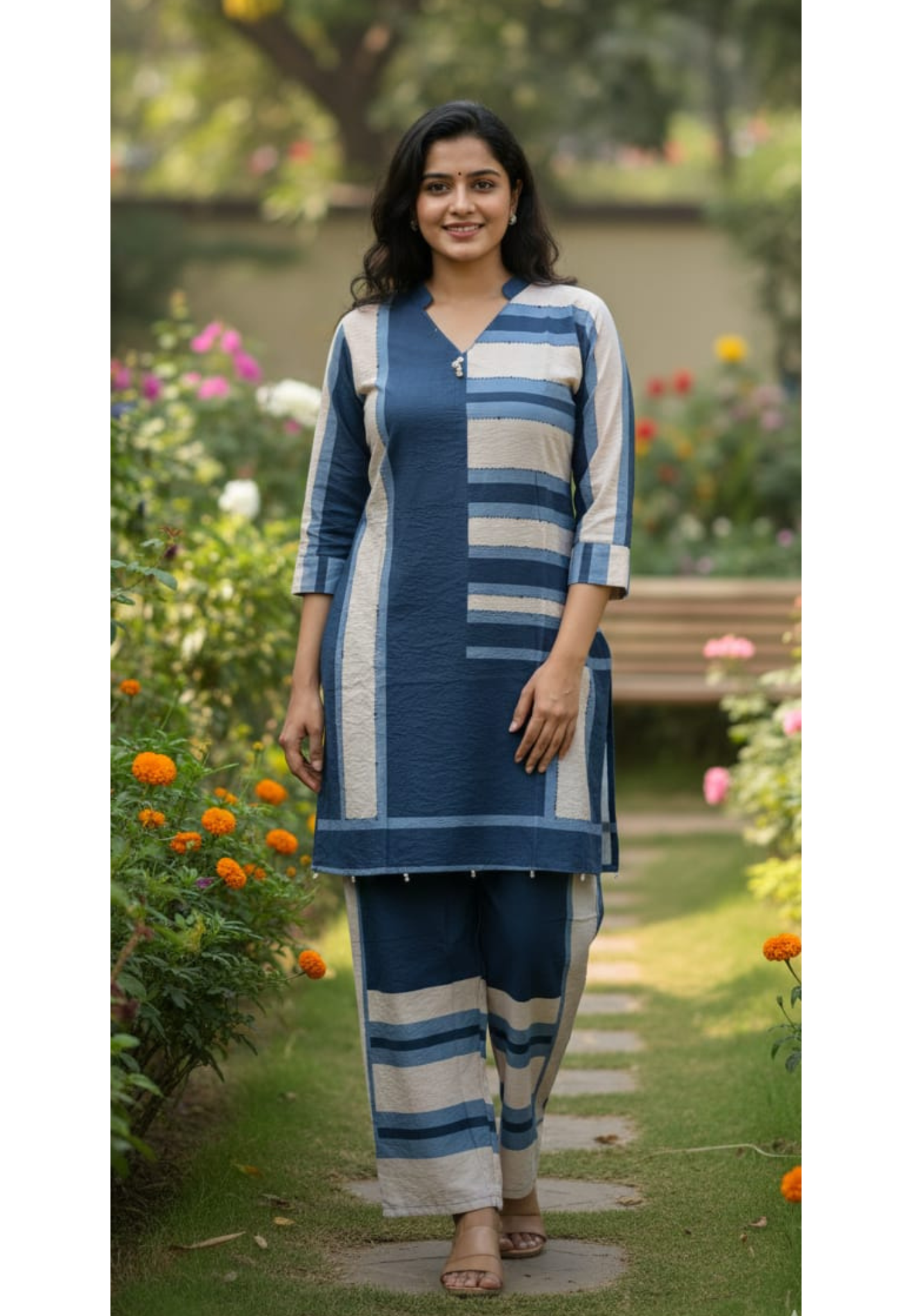 Dual Tone Striped Print Co-Ord Set In Nylon Viscose Silk Fabric- 13441