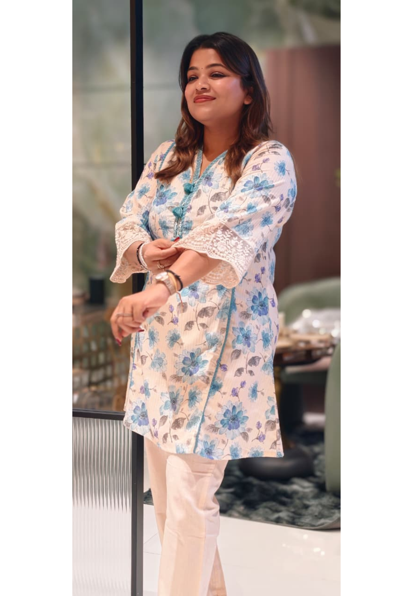 Beautifuly Flower Print Crosia Cord Set With Plain Bottom In Crush Cotton Fabric- 13408