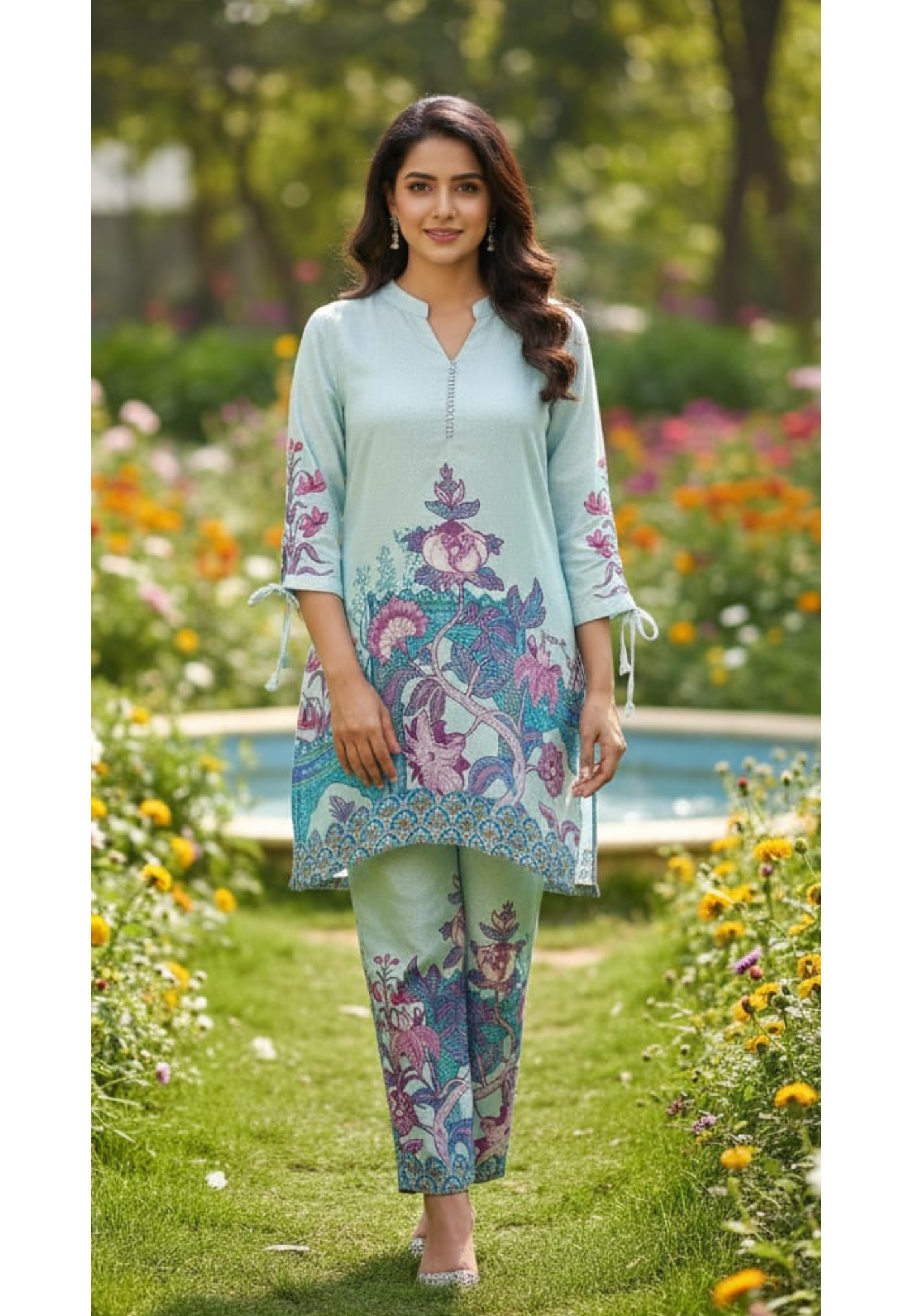 Pastel Shade Suttle Co-Ord With Vibrant Floral Print In Muslin Fabric(Lining Inside)- 13444