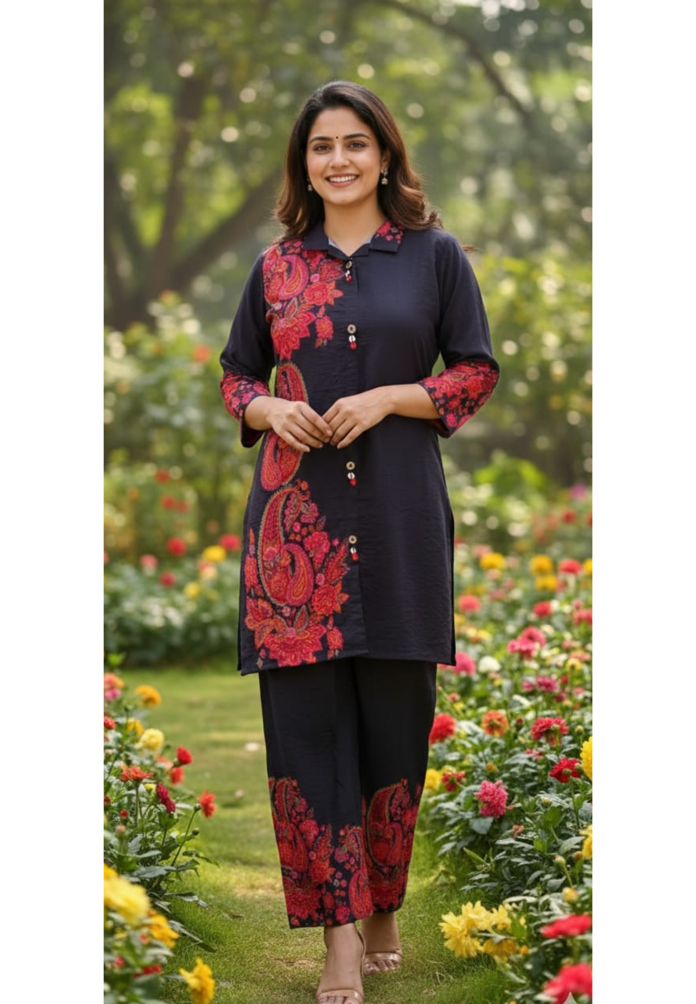 Vibrant Mango Buti Floral Print Buttoned Co-Ord Set In Nylon Viscose Silk Fabric- 13430
