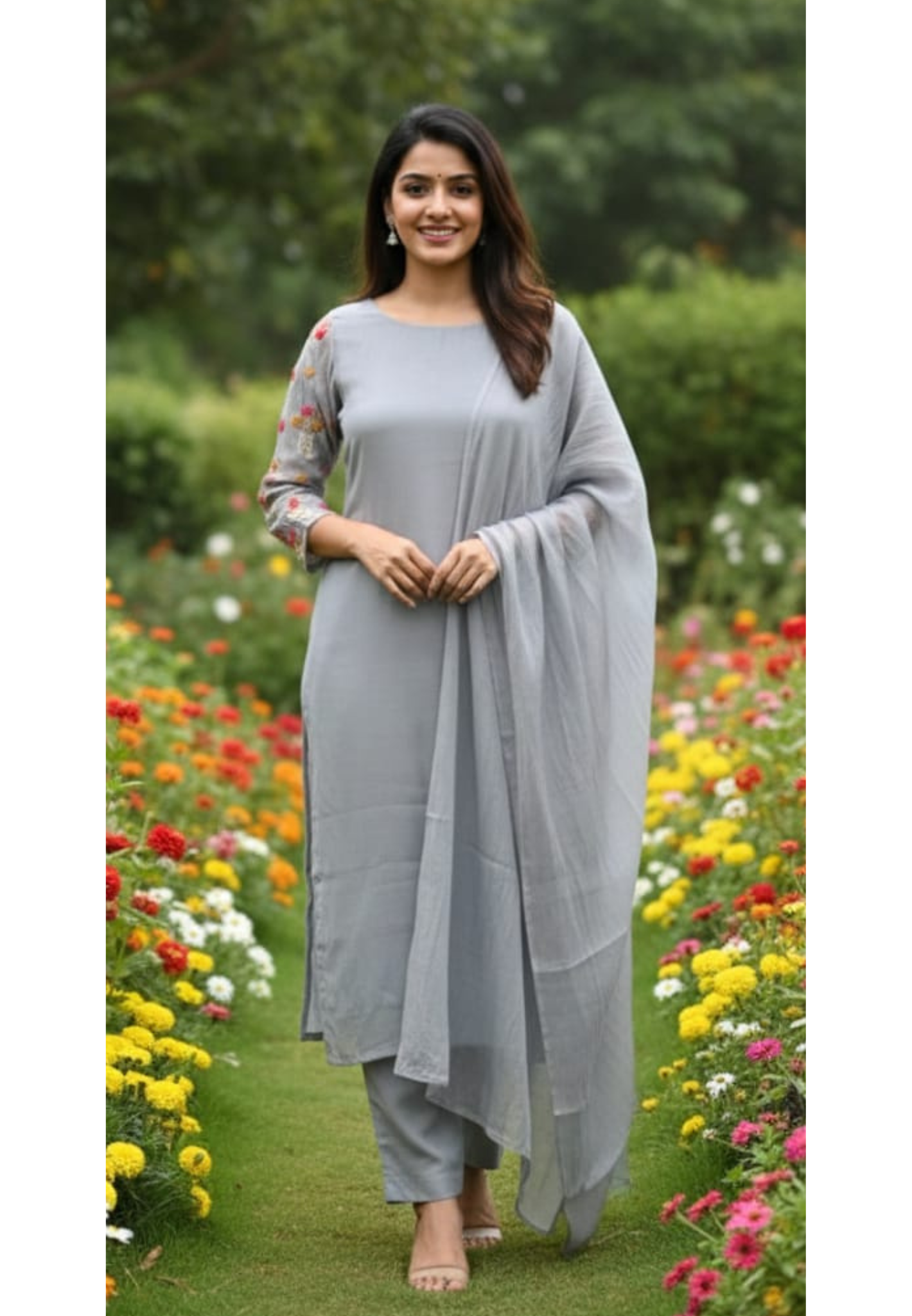 Floral Embroidery Work Plain Solid Surat Mul-Chanderi Full Suit Set With Dupatta- 13416