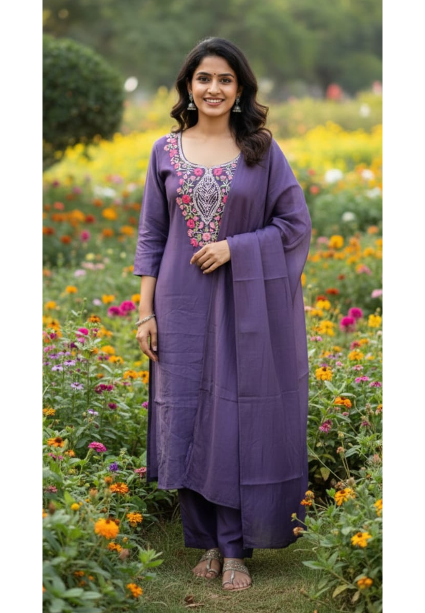 Purple Elegance Katha Embroidery Surat Mul Chanderi Full Suit Set With Dupatta- 13414