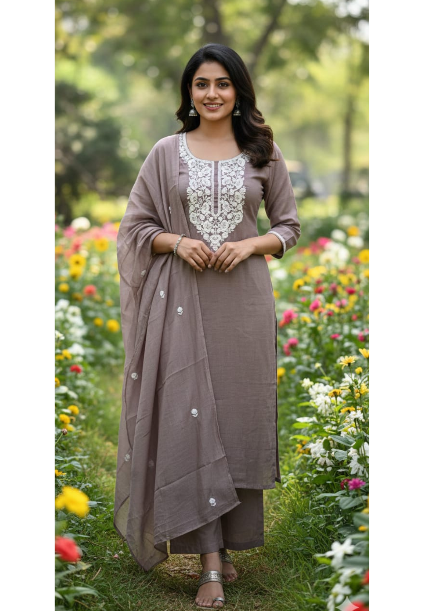 Kashmiri Look Thread Embroidery Solid Full Suit Set With Dupatta In Surat Mul-Chanderi Fabric-13415
