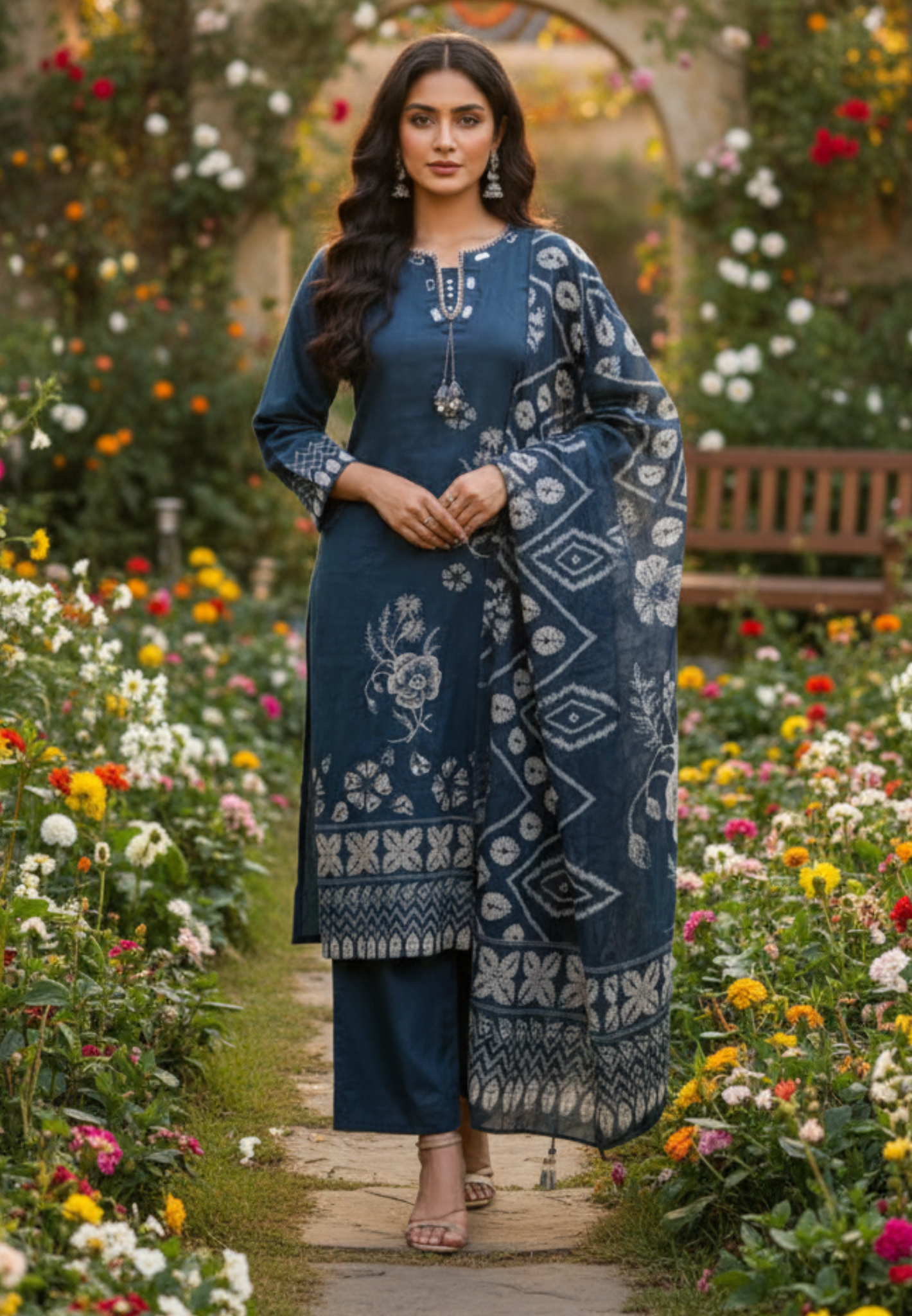 Handcrafted Kurta Pant Dupatta Set with Mirror Work Neckline, Floral Block Print, Zigzag Border Detailing & Elegant Tassel Tie-Up-13428