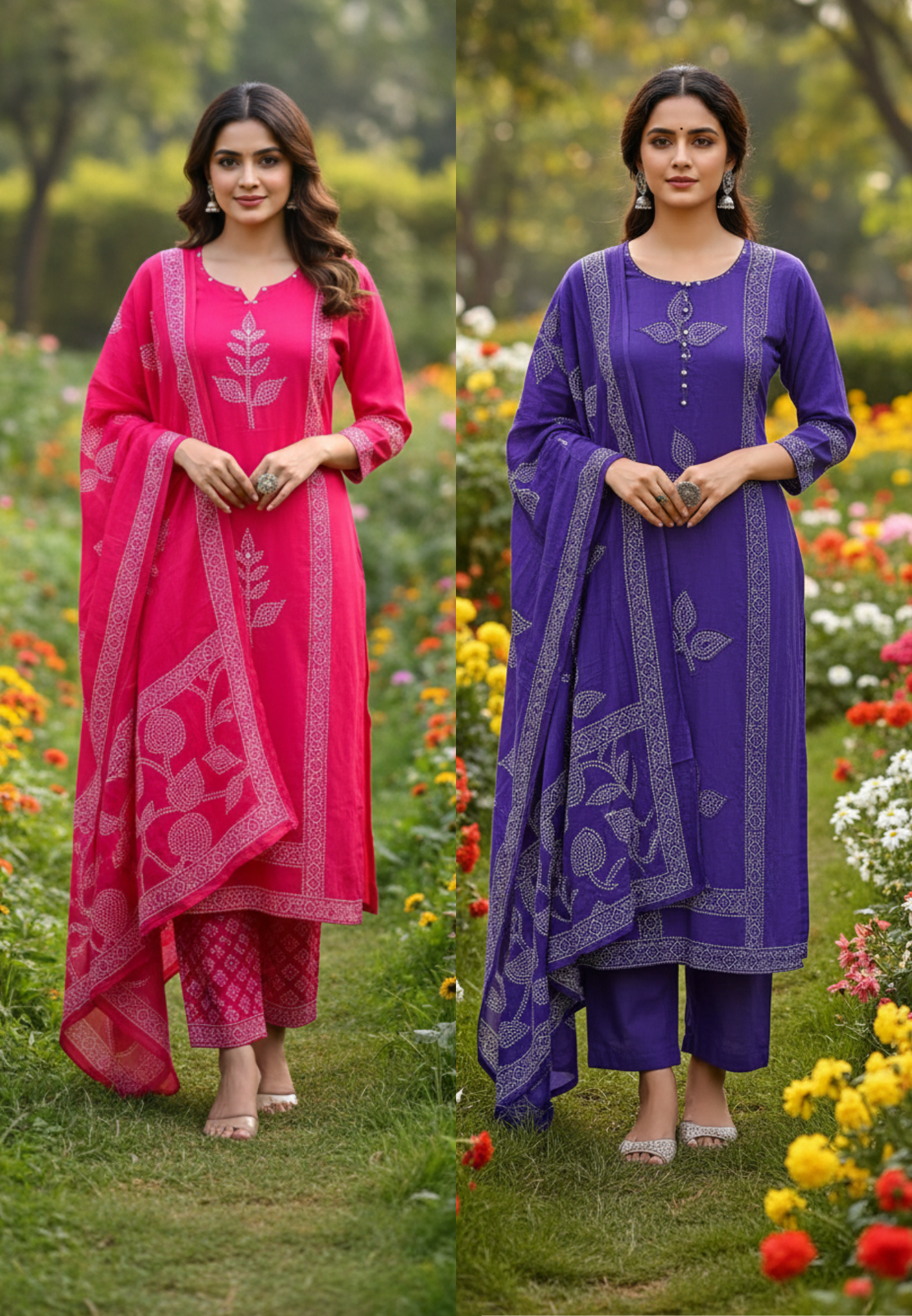 Vibrant Tone Dotted Printed Full Suit Set With Dupatta In Cotton Fabric- 13283