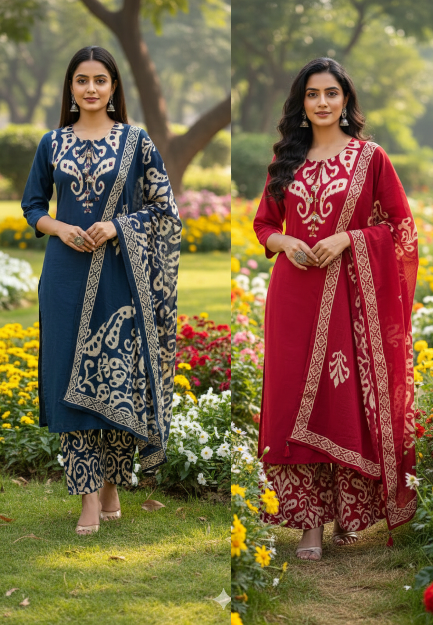 Ikkat Elegance Solid Bold Shade Cotton Full Suit Set With Dupatta- 13406