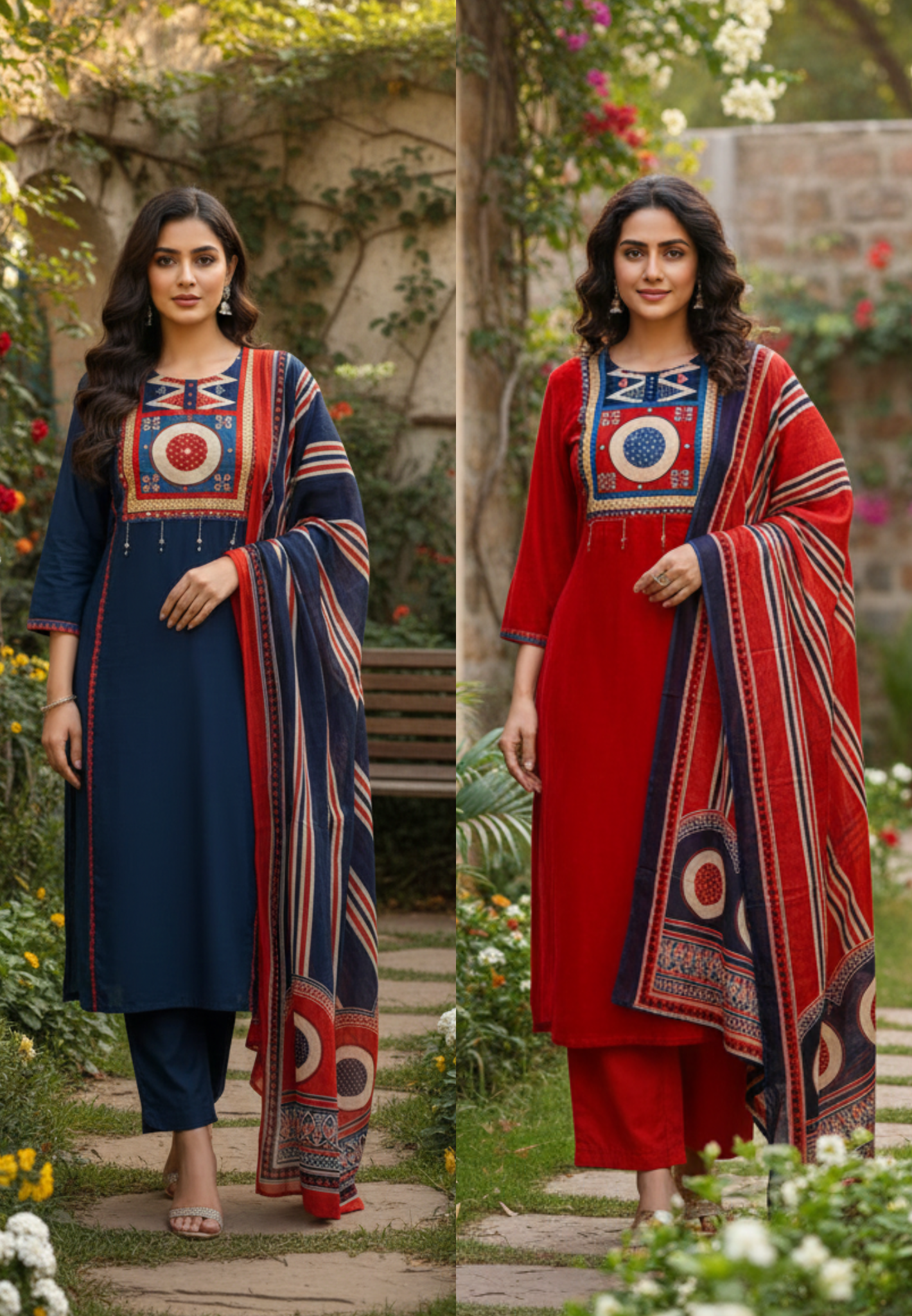 Premium Cotton Kurta Pant Dupatta Set with Traditional Geometric Print Yoke, Contrast Borders, Elegant Straight Silhouette & Printed Dupatta-13402