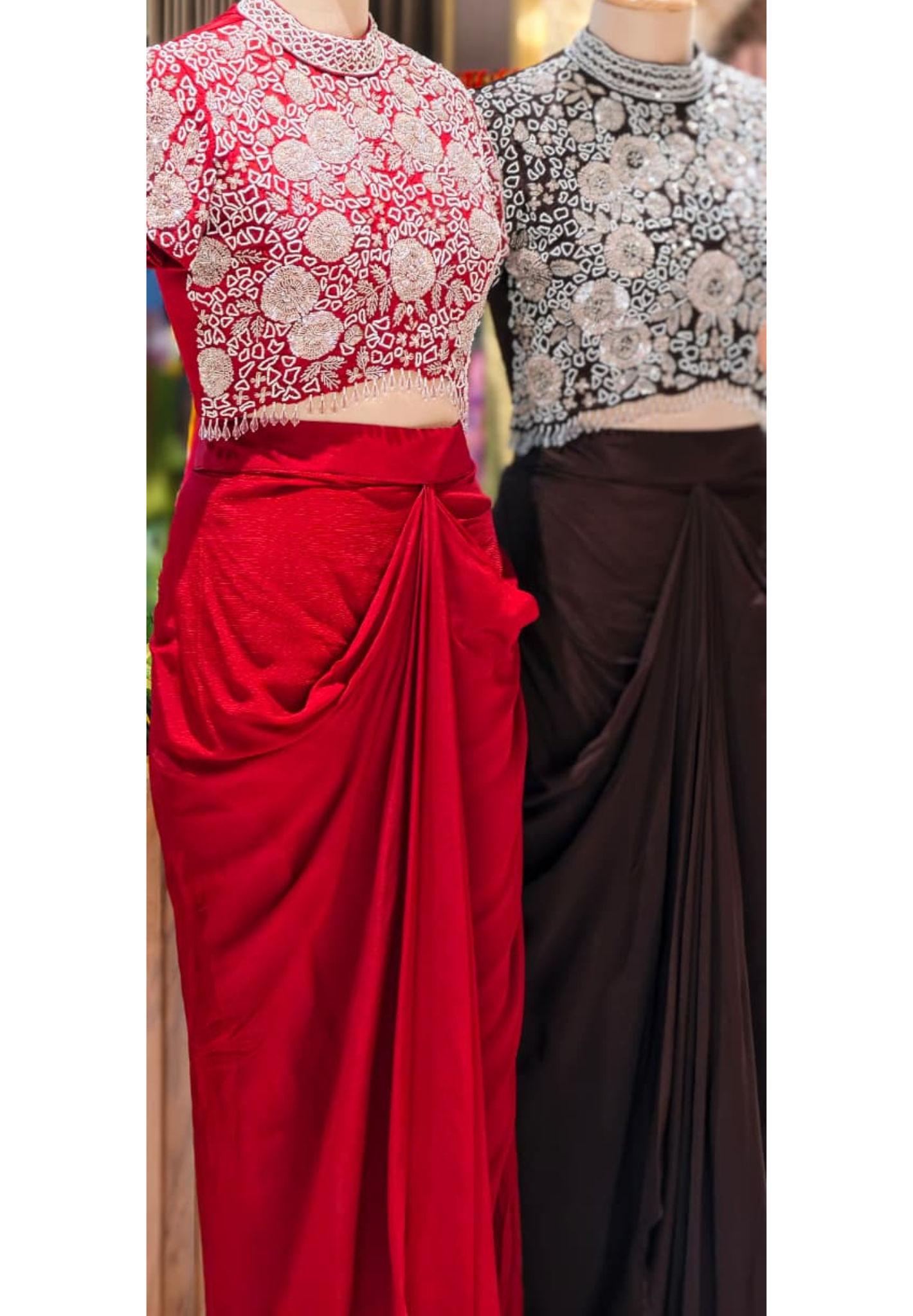 Very Stylish Pearl Sequin With Crystallex Work High-Low Block Upper With Flowy Drape Skirt- 13388