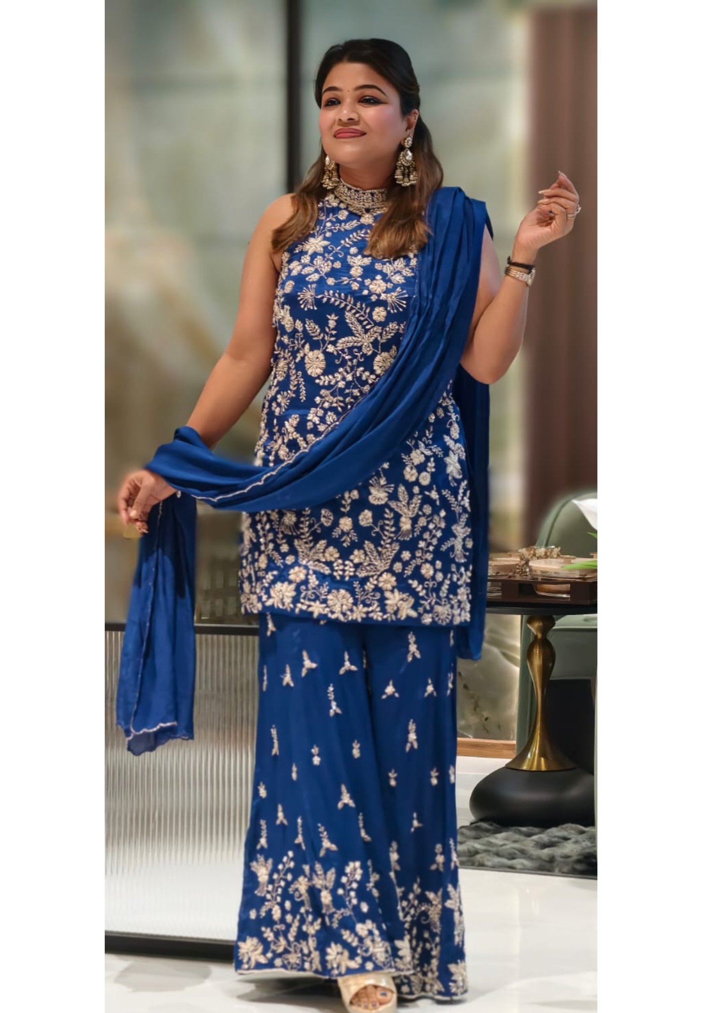 Party Wear Heavy Hand Work Ensemble Vibrant Tone Matching Sleeveless Kurta With Flared Palazzo Bottom