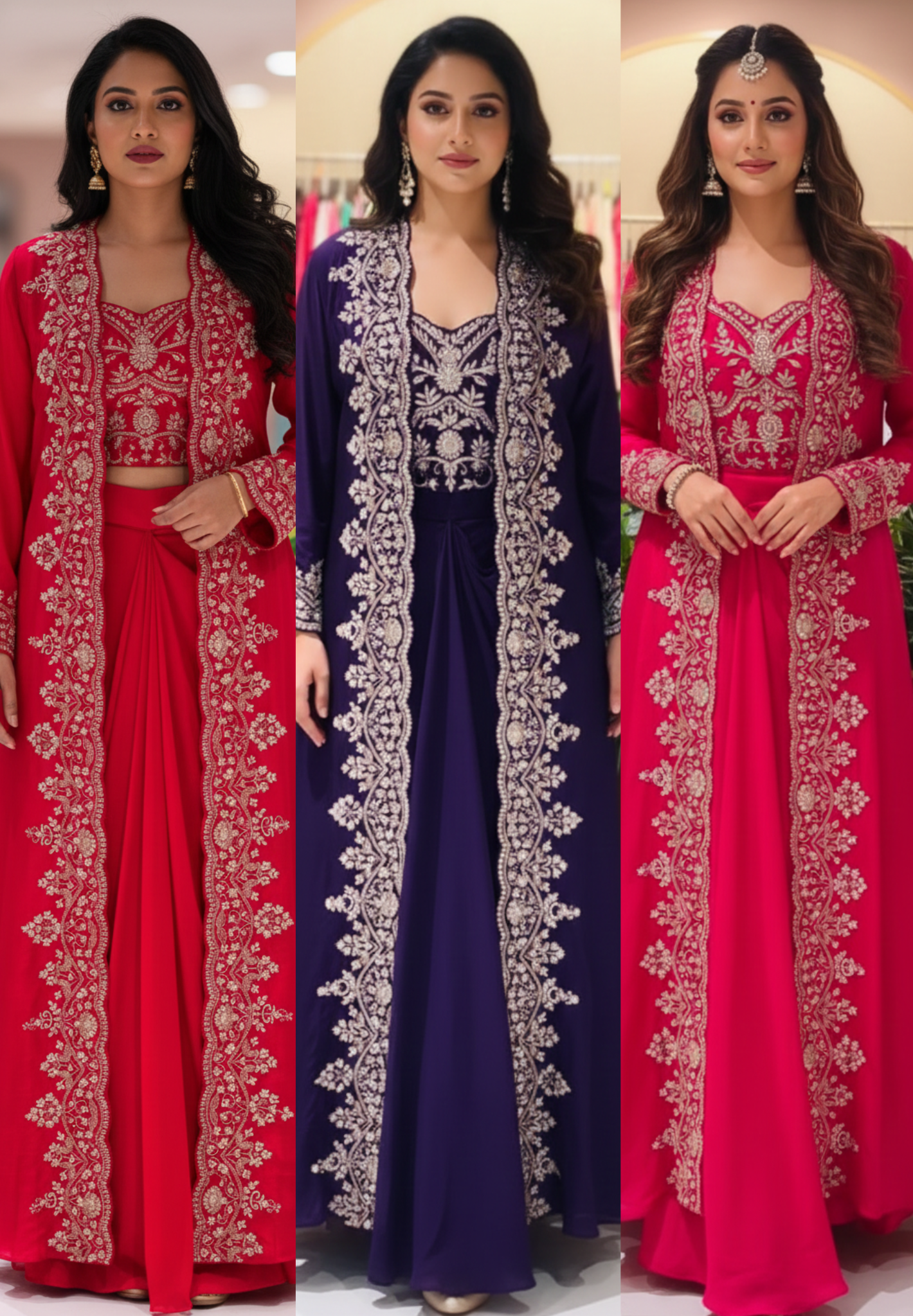 Vibrant Zariya Floral Hand Embroidered Buster With Long Shrug & Flowy Drape Skirt