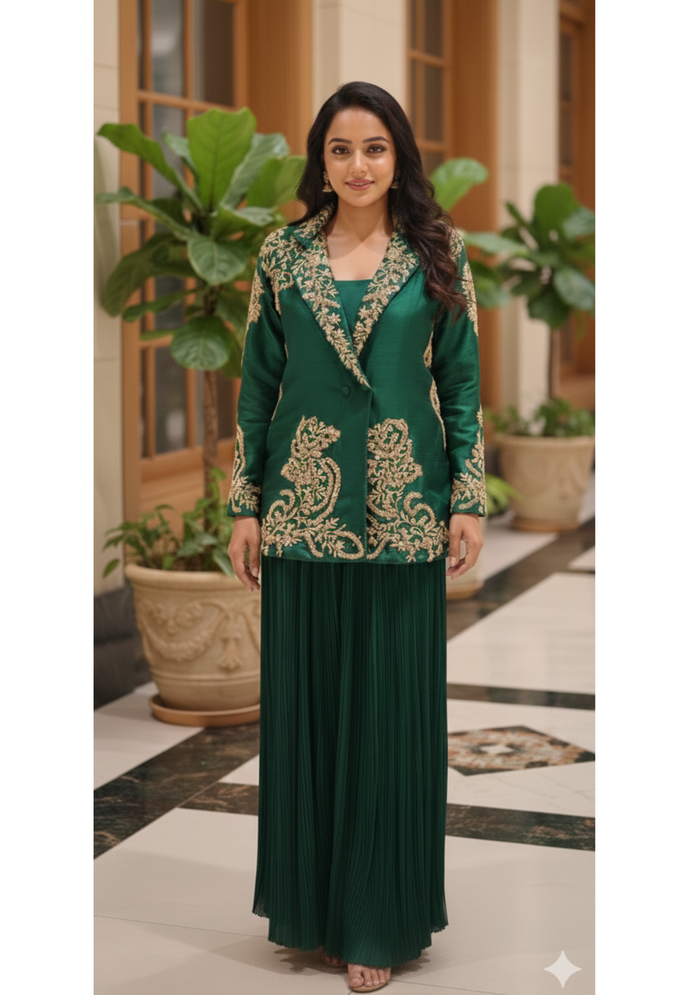 Royal Emerald Green Zari & Threadwork Jacket Look Kurta With Crush Palazzo Bottom- 13265