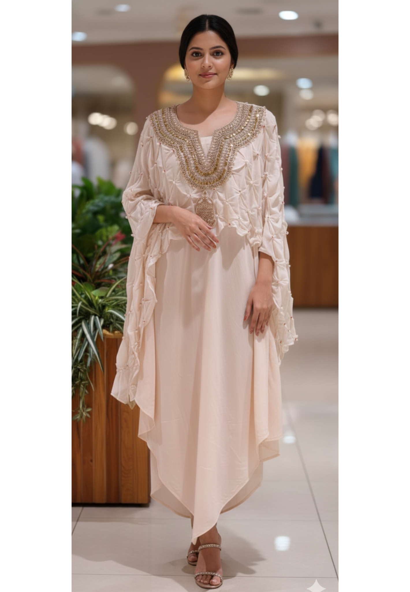 Ruffled Pleated Unique Look Sequin Handwork Yoke Indo-Western High-Low Cape With Inner - 13247