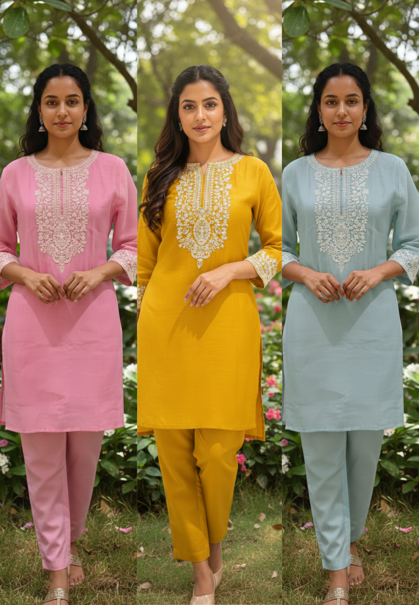 Surat Mul-Chanderi Chikankari Look Thread Embroidery Work Solid Co-Ord Set- 13411