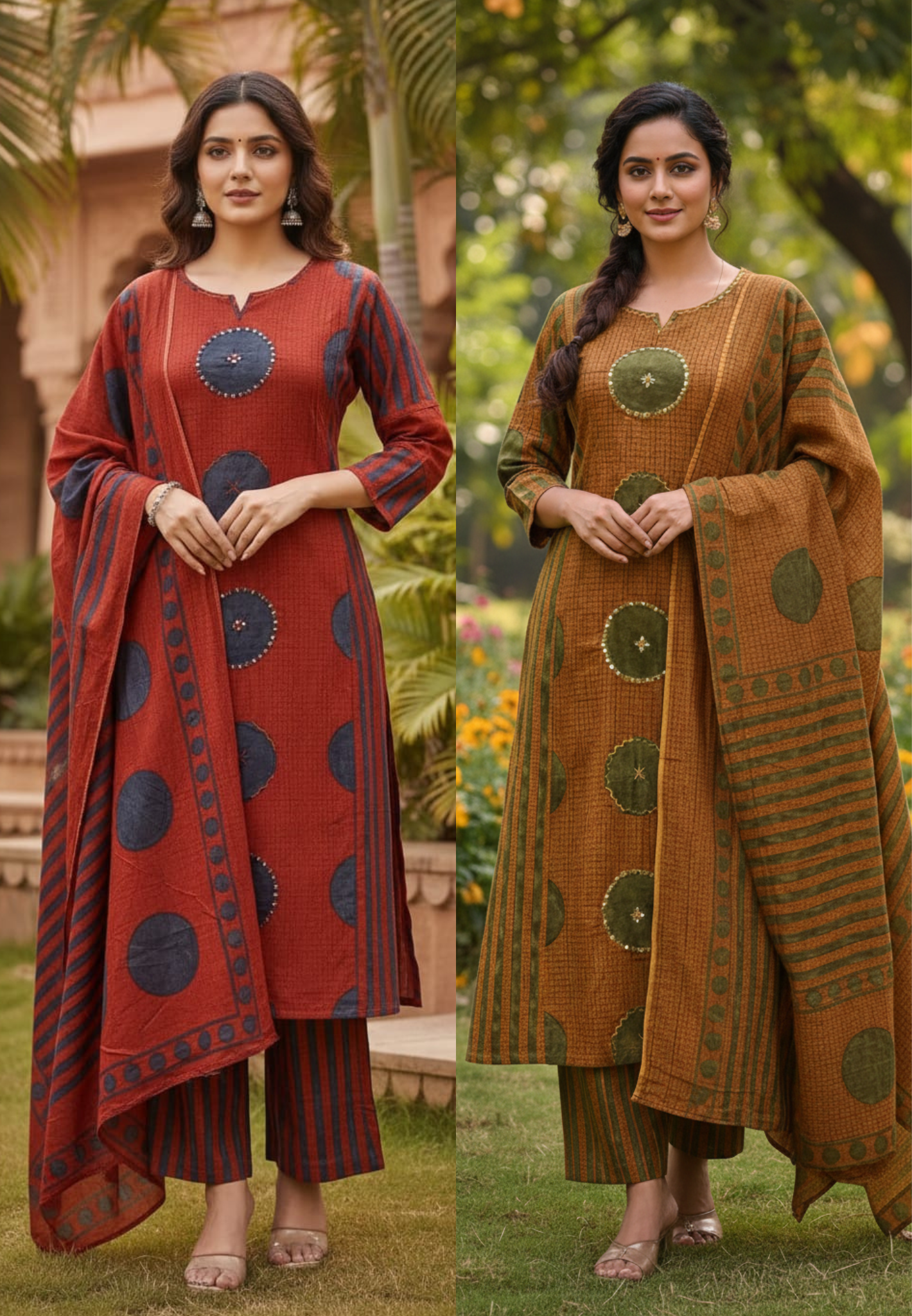 Rounded Work Foil Mirror Highlight Twin Color A-Line Full Suit Set With Dupatta In Cotton Fabric- 13404
