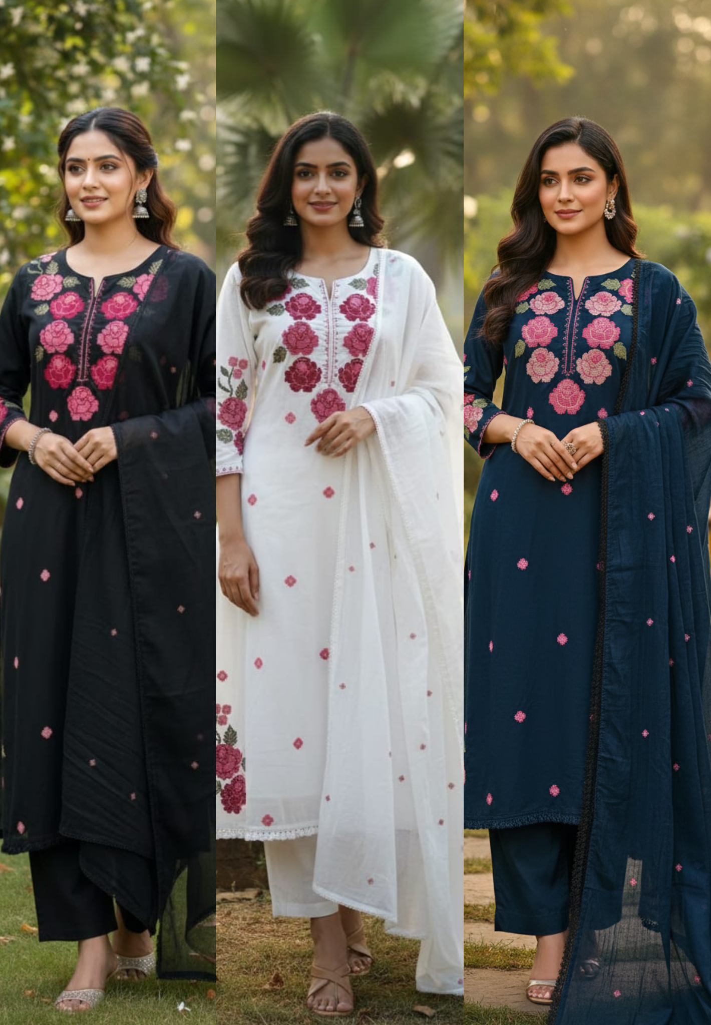 Cross Stitch Flora Embroidery A-Line Full Suit Set With Dupatta In Cotton Fabric- 13407