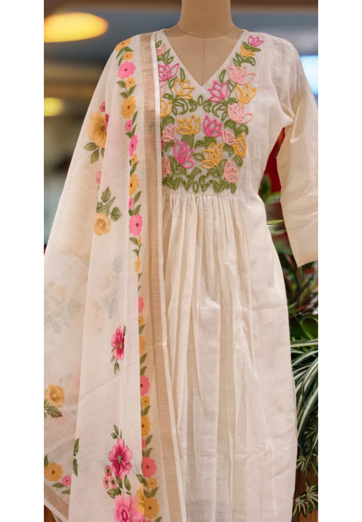 Katha Embroidery Yoke A-Line Full Suit Set With Floral Printed Dupatta- 13413