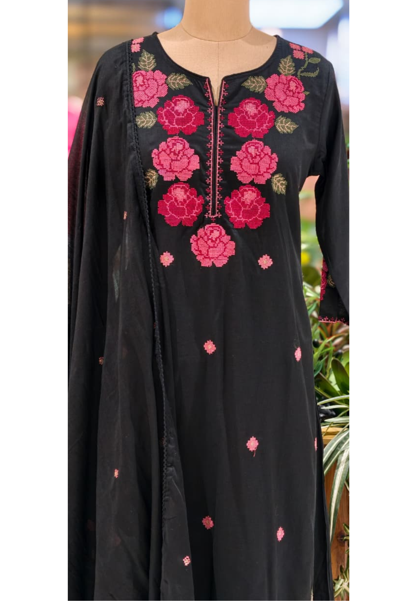 Cross Stitch Flora Embroidery A-Line Full Suit Set With Dupatta In Cotton Fabric- 13407