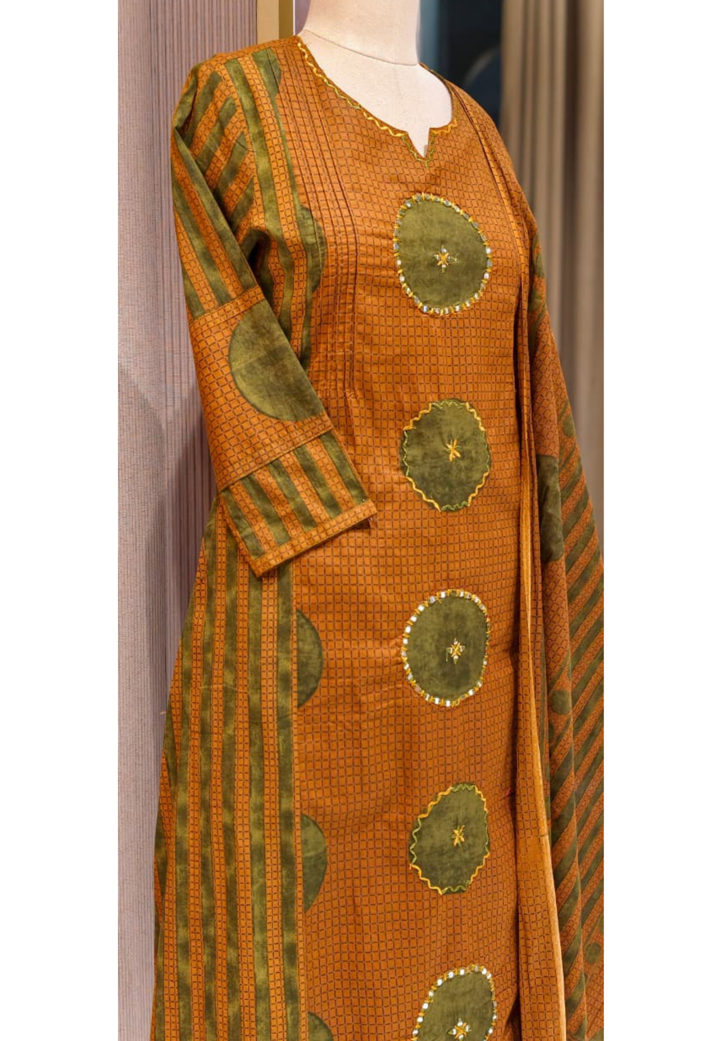 Rounded Work Foil Mirror Highlight Twin Color A-Line Full Suit Set With Dupatta In Cotton Fabric- 13404