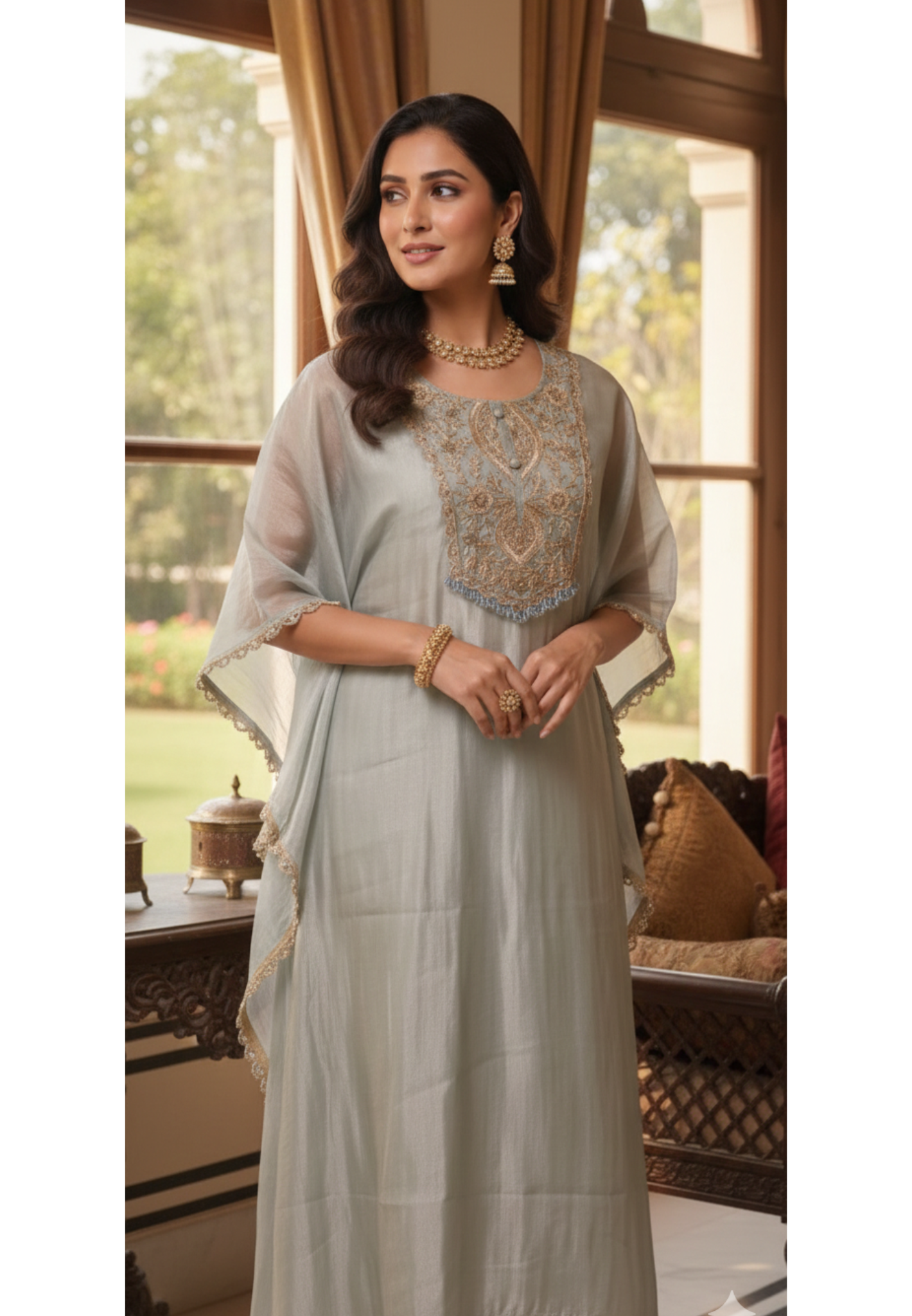 Zariya Luxury Premium Tissue Heavily Hand Worked Kaftan With Bottom- 13471